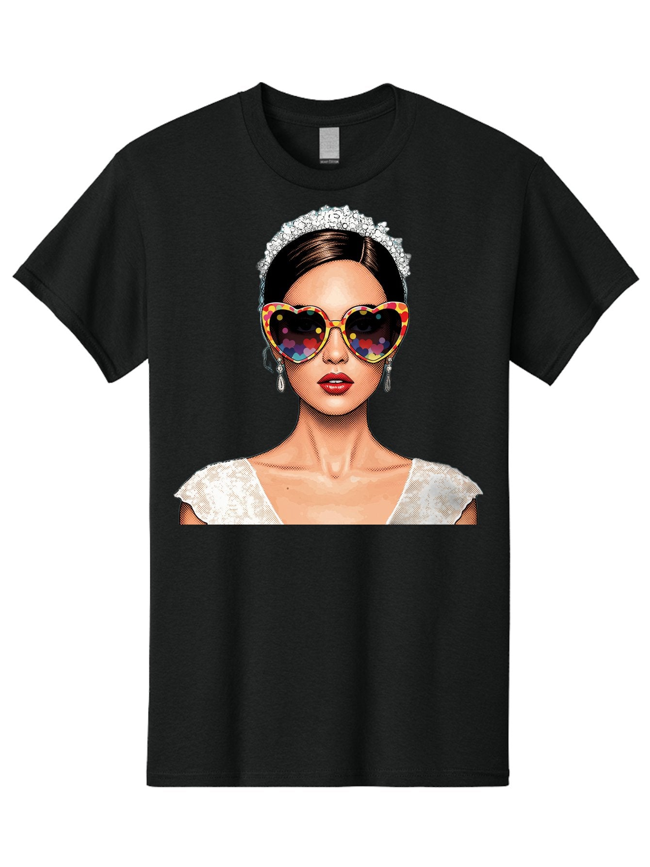 Bride-Sunglasses Men'S Graphic Tee, 100% Cotton, Comfortable Casual Summer Wear, Machine Washable, Bride With Sunglasses, Heart-Shaped Glasses, Rainbow Colors, Wedding Accessories, White Wedding Dress, Red Lips, Earrings, Tiara, Baa227