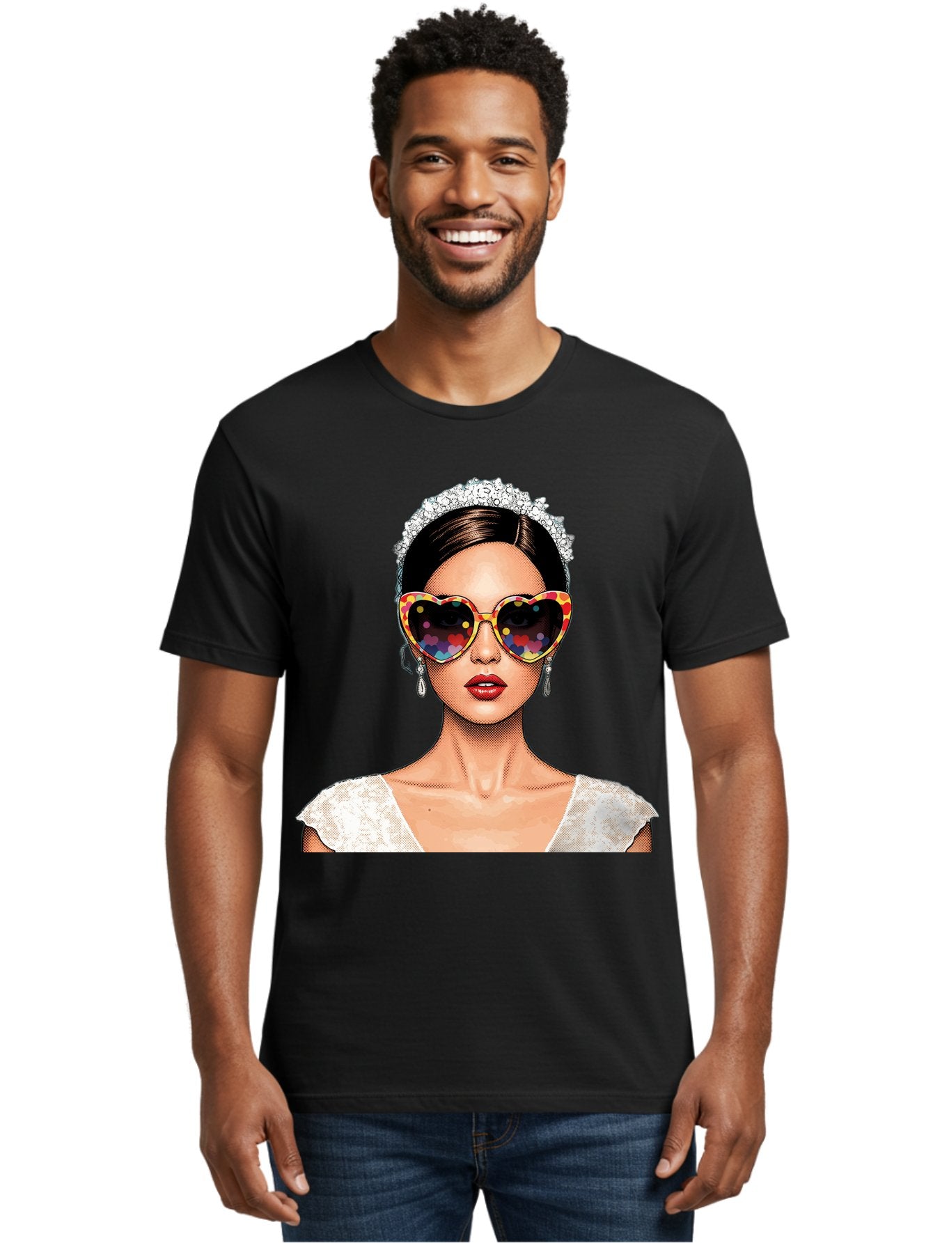 Bride-Sunglasses Men'S Graphic Tee, 100% Cotton, Comfortable Casual Summer Wear, Machine Washable, Bride With Sunglasses, Heart-Shaped Glasses, Rainbow Colors, Wedding Accessories, White Wedding Dress, Red Lips, Earrings, Tiara, Baa227 21