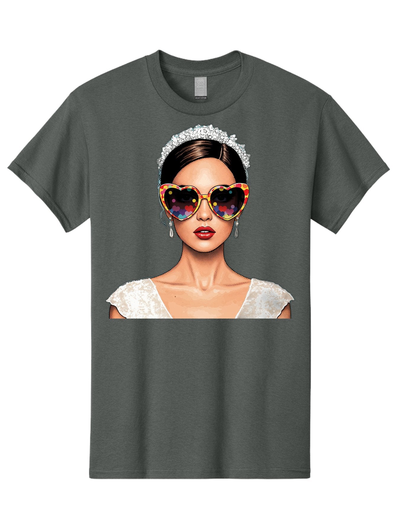 Bride-Sunglasses Men'S Graphic Tee, 100% Cotton, Comfortable Casual Summer Wear, Machine Washable, Bride With Sunglasses, Heart-Shaped Glasses, Rainbow Colors, Wedding Accessories, White Wedding Dress, Red Lips, Earrings, Tiara, Baa227 12