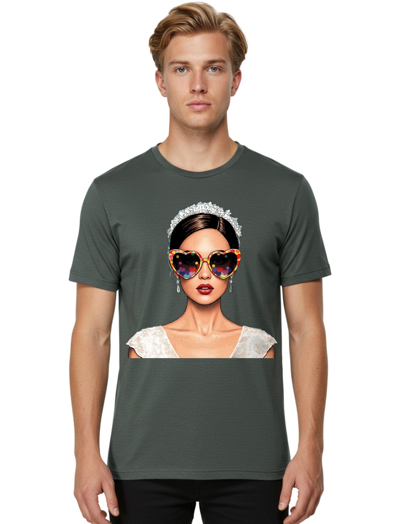 Bride-Sunglasses Men'S Graphic Tee, 100% Cotton, Comfortable Casual Summer Wear, Machine Washable, Bride With Sunglasses, Heart-Shaped Glasses, Rainbow Colors, Wedding Accessories, White Wedding Dress, Red Lips, Earrings, Tiara, Baa227 28