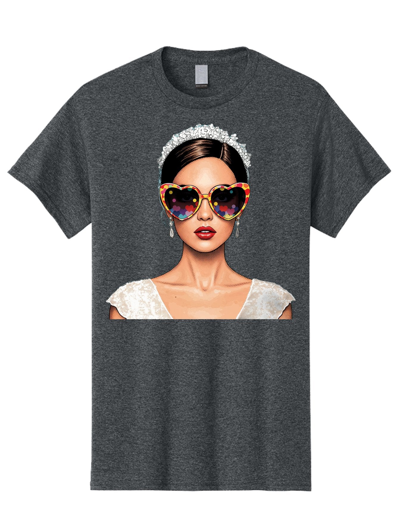 Bride-Sunglasses Men'S Graphic Tee, 100% Cotton, Comfortable Casual Summer Wear, Machine Washable, Bride With Sunglasses, Heart-Shaped Glasses, Rainbow Colors, Wedding Accessories, White Wedding Dress, Red Lips, Earrings, Tiara, Baa227 9