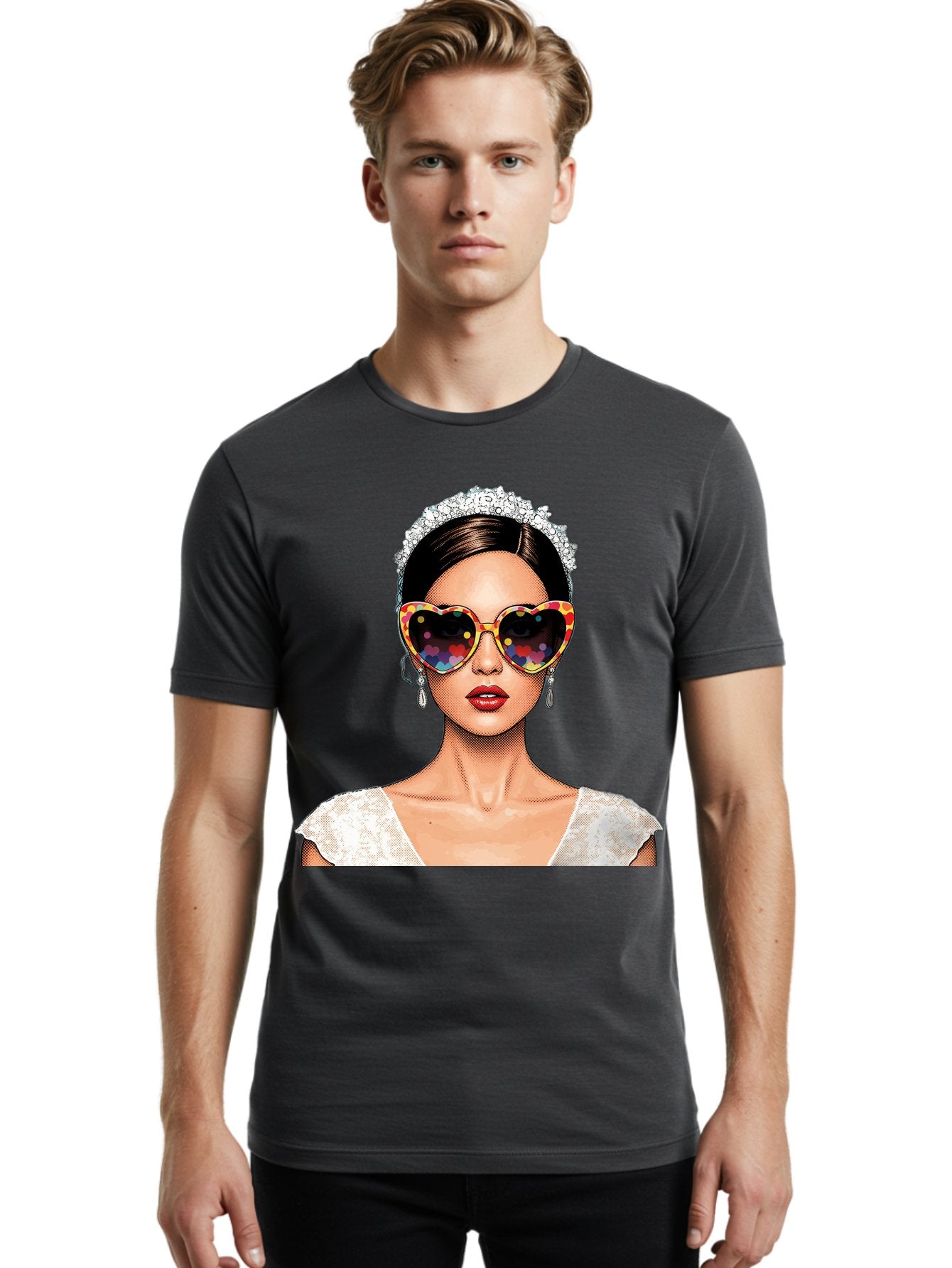 Bride-Sunglasses Men'S Graphic Tee, 100% Cotton, Comfortable Casual Summer Wear, Machine Washable, Bride With Sunglasses, Heart-Shaped Glasses, Rainbow Colors, Wedding Accessories, White Wedding Dress, Red Lips, Earrings, Tiara, Baa227 26