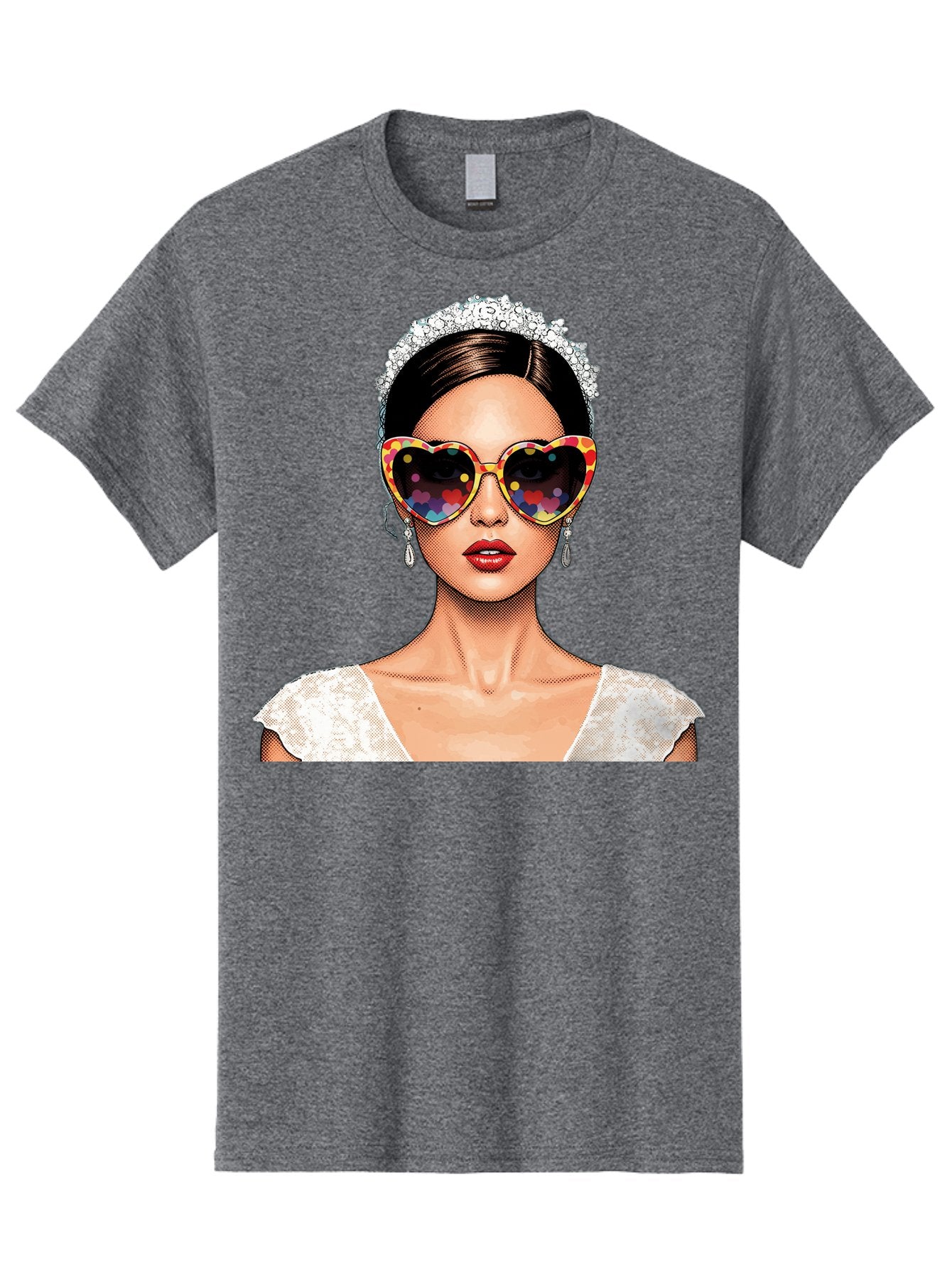 Bride-Sunglasses Men'S Graphic Tee, 100% Cotton, Comfortable Casual Summer Wear, Machine Washable, Bride With Sunglasses, Heart-Shaped Glasses, Rainbow Colors, Wedding Accessories, White Wedding Dress, Red Lips, Earrings, Tiara, Baa227