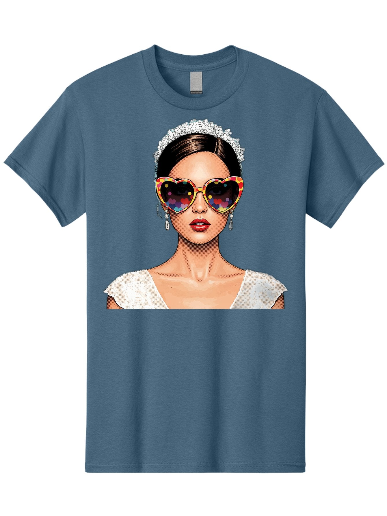 Bride-Sunglasses Men'S Graphic Tee, 100% Cotton, Comfortable Casual Summer Wear, Machine Washable, Bride With Sunglasses, Heart-Shaped Glasses, Rainbow Colors, Wedding Accessories, White Wedding Dress, Red Lips, Earrings, Tiara, Baa227 4
