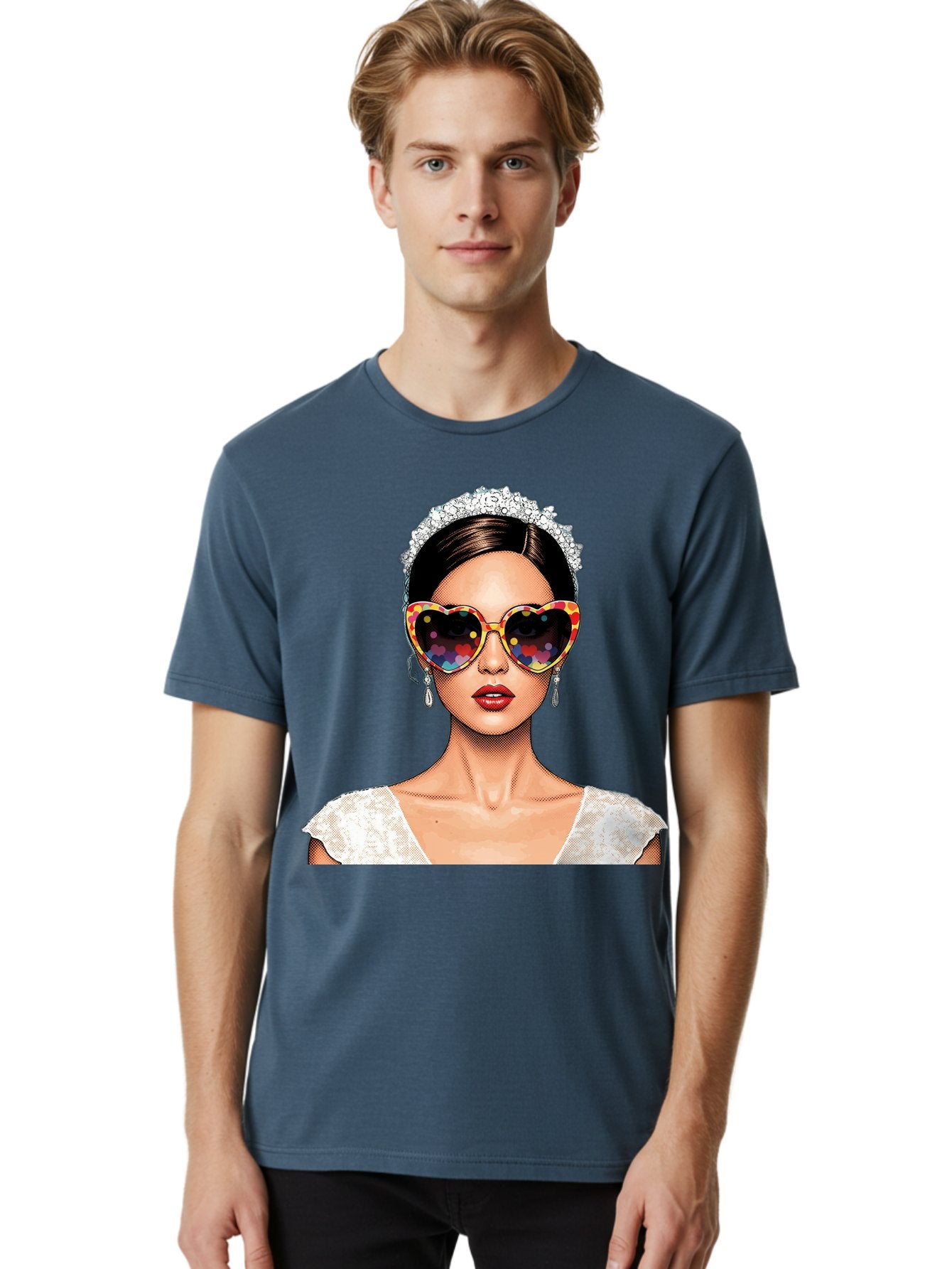 Bride-Sunglasses Men'S Graphic Tee, 100% Cotton, Comfortable Casual Summer Wear, Machine Washable, Bride With Sunglasses, Heart-Shaped Glasses, Rainbow Colors, Wedding Accessories, White Wedding Dress, Red Lips, Earrings, Tiara, Baa227 18