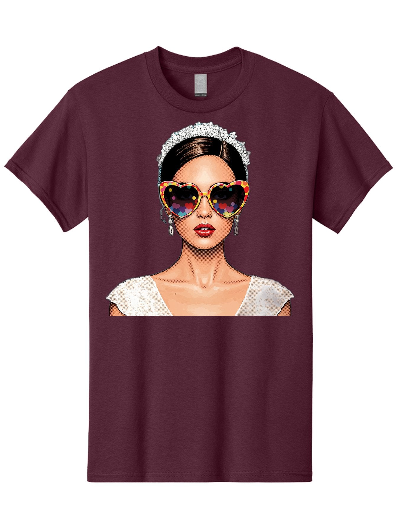 Bride-Sunglasses Men'S Graphic Tee, 100% Cotton, Comfortable Casual Summer Wear, Machine Washable, Bride With Sunglasses, Heart-Shaped Glasses, Rainbow Colors, Wedding Accessories, White Wedding Dress, Red Lips, Earrings, Tiara, Baa227 14