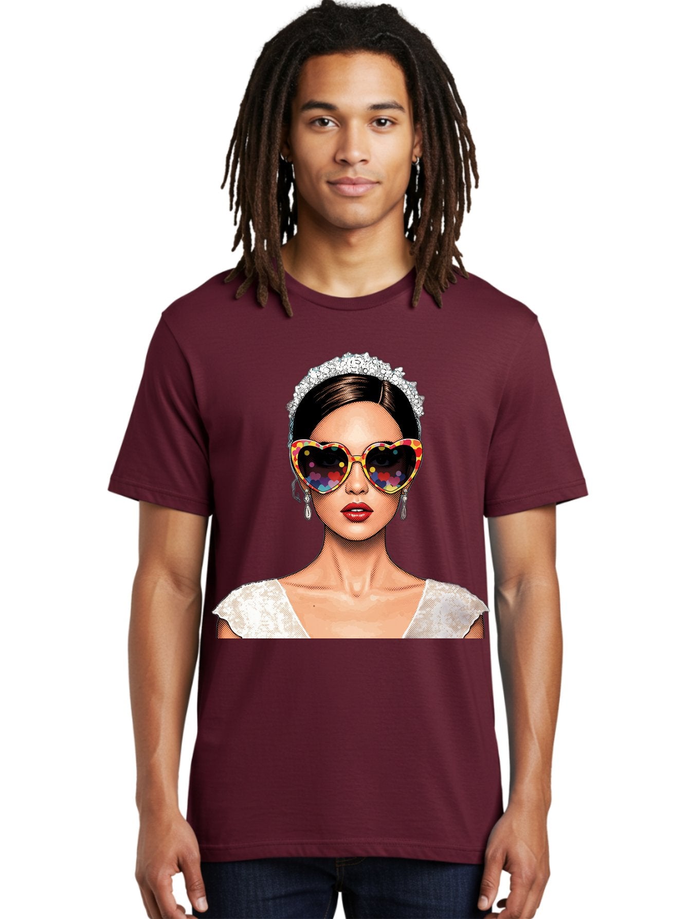 Bride-Sunglasses Men'S Graphic Tee, 100% Cotton, Comfortable Casual Summer Wear, Machine Washable, Bride With Sunglasses, Heart-Shaped Glasses, Rainbow Colors, Wedding Accessories, White Wedding Dress, Red Lips, Earrings, Tiara, Baa227 29