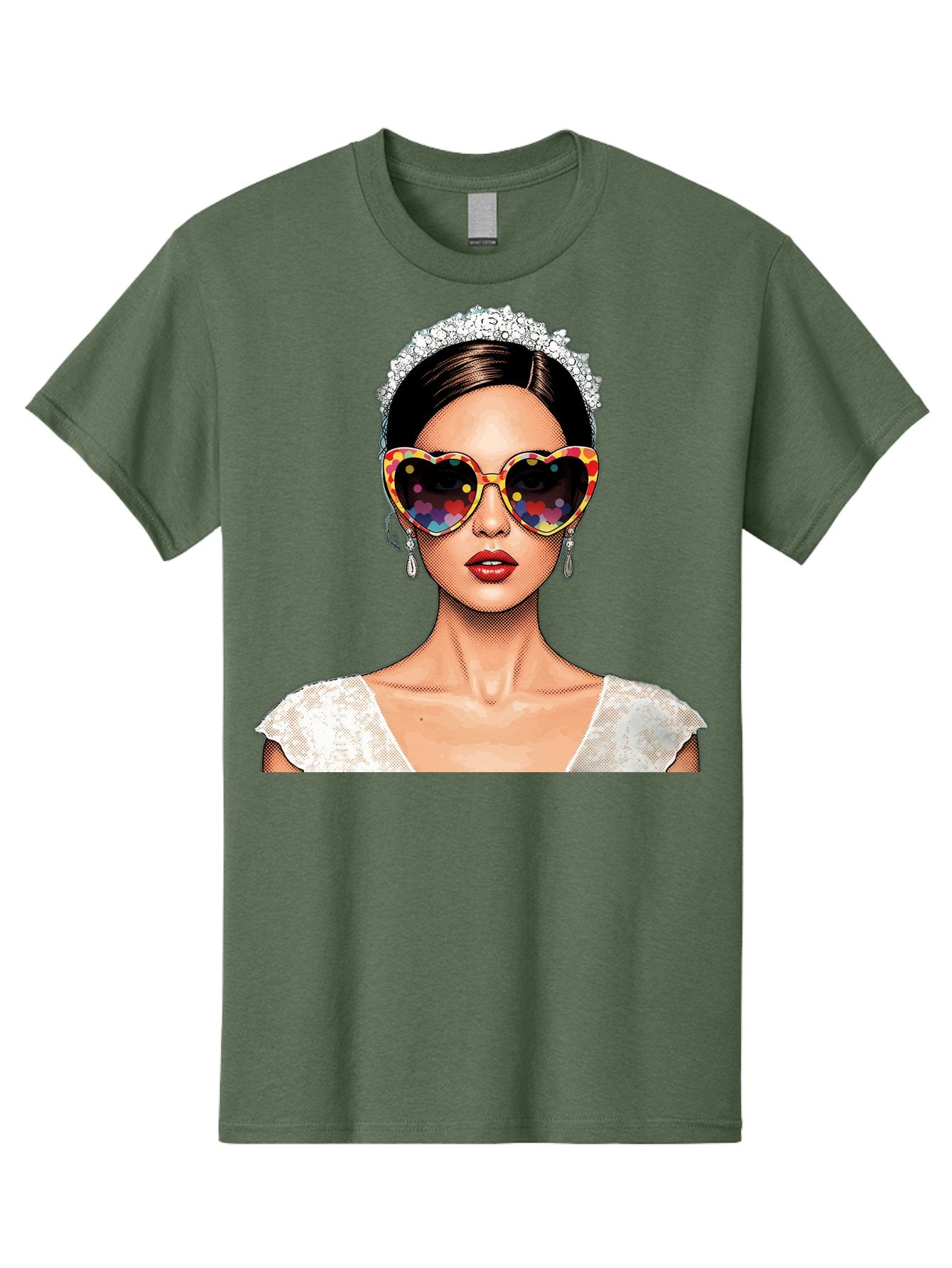 Bride-Sunglasses Men'S Graphic Tee, 100% Cotton, Comfortable Casual Summer Wear, Machine Washable, Bride With Sunglasses, Heart-Shaped Glasses, Rainbow Colors, Wedding Accessories, White Wedding Dress, Red Lips, Earrings, Tiara, Baa227 5