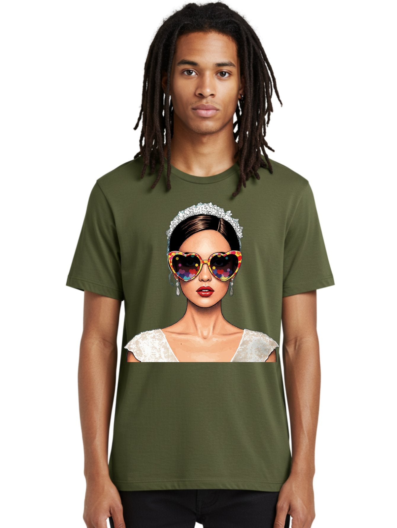Bride-Sunglasses Men'S Graphic Tee, 100% Cotton, Comfortable Casual Summer Wear, Machine Washable, Bride With Sunglasses, Heart-Shaped Glasses, Rainbow Colors, Wedding Accessories, White Wedding Dress, Red Lips, Earrings, Tiara, Baa227 23