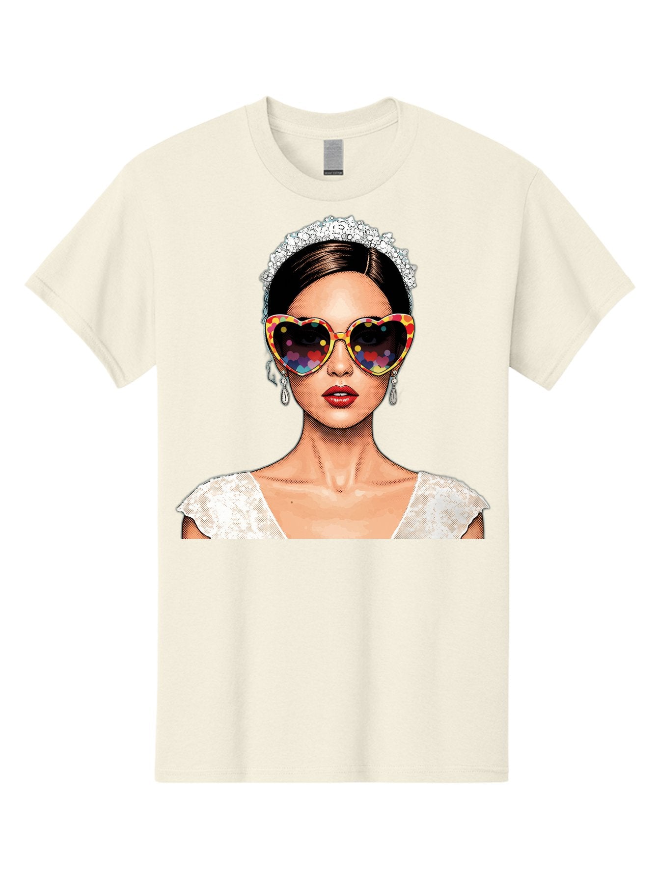 Bride-Sunglasses Men'S Graphic Tee, 100% Cotton, Comfortable Casual Summer Wear, Machine Washable, Bride With Sunglasses, Heart-Shaped Glasses, Rainbow Colors, Wedding Accessories, White Wedding Dress, Red Lips, Earrings, Tiara, Baa227 11