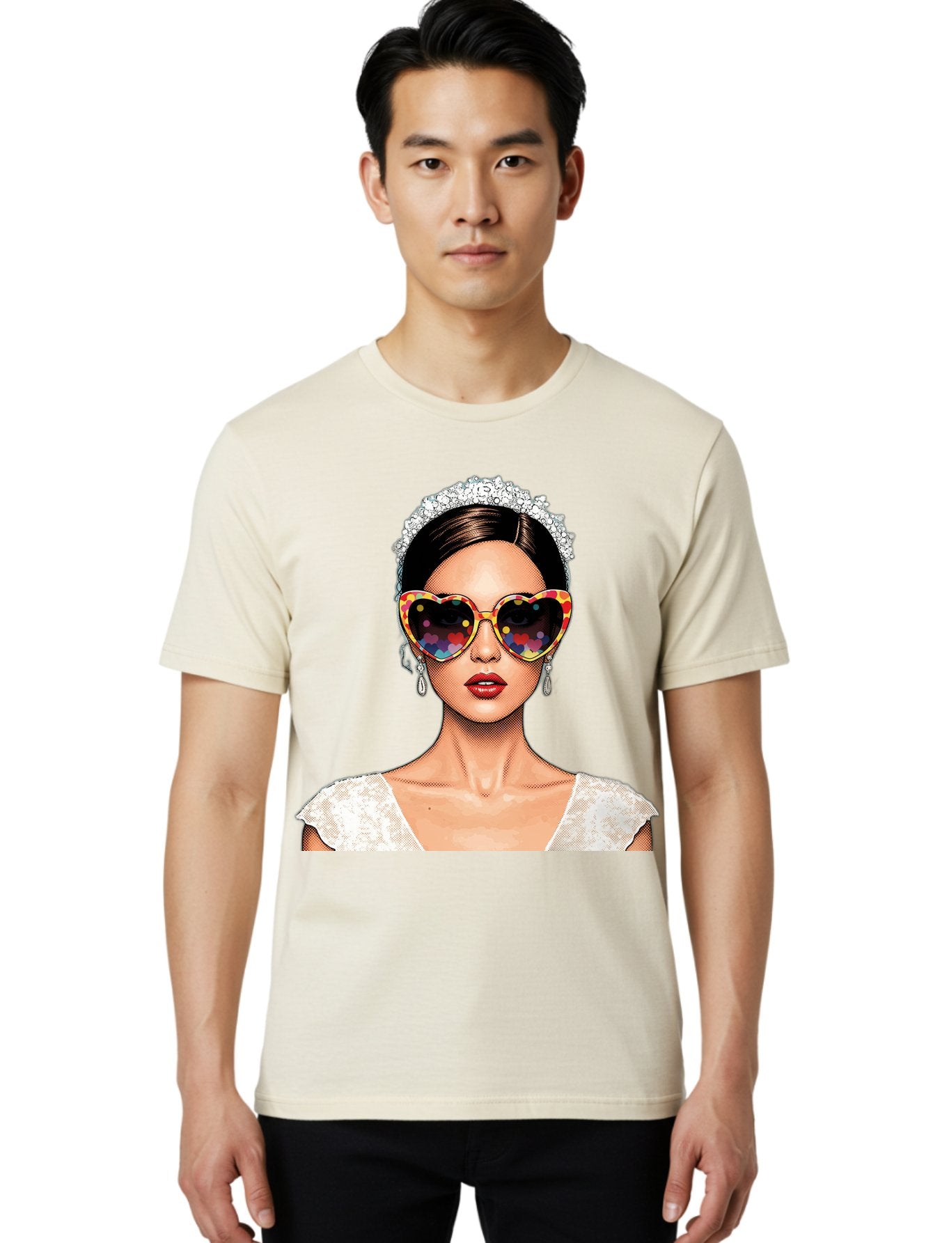 Bride-Sunglasses Men'S Graphic Tee, 100% Cotton, Comfortable Casual Summer Wear, Machine Washable, Bride With Sunglasses, Heart-Shaped Glasses, Rainbow Colors, Wedding Accessories, White Wedding Dress, Red Lips, Earrings, Tiara, Baa227 27