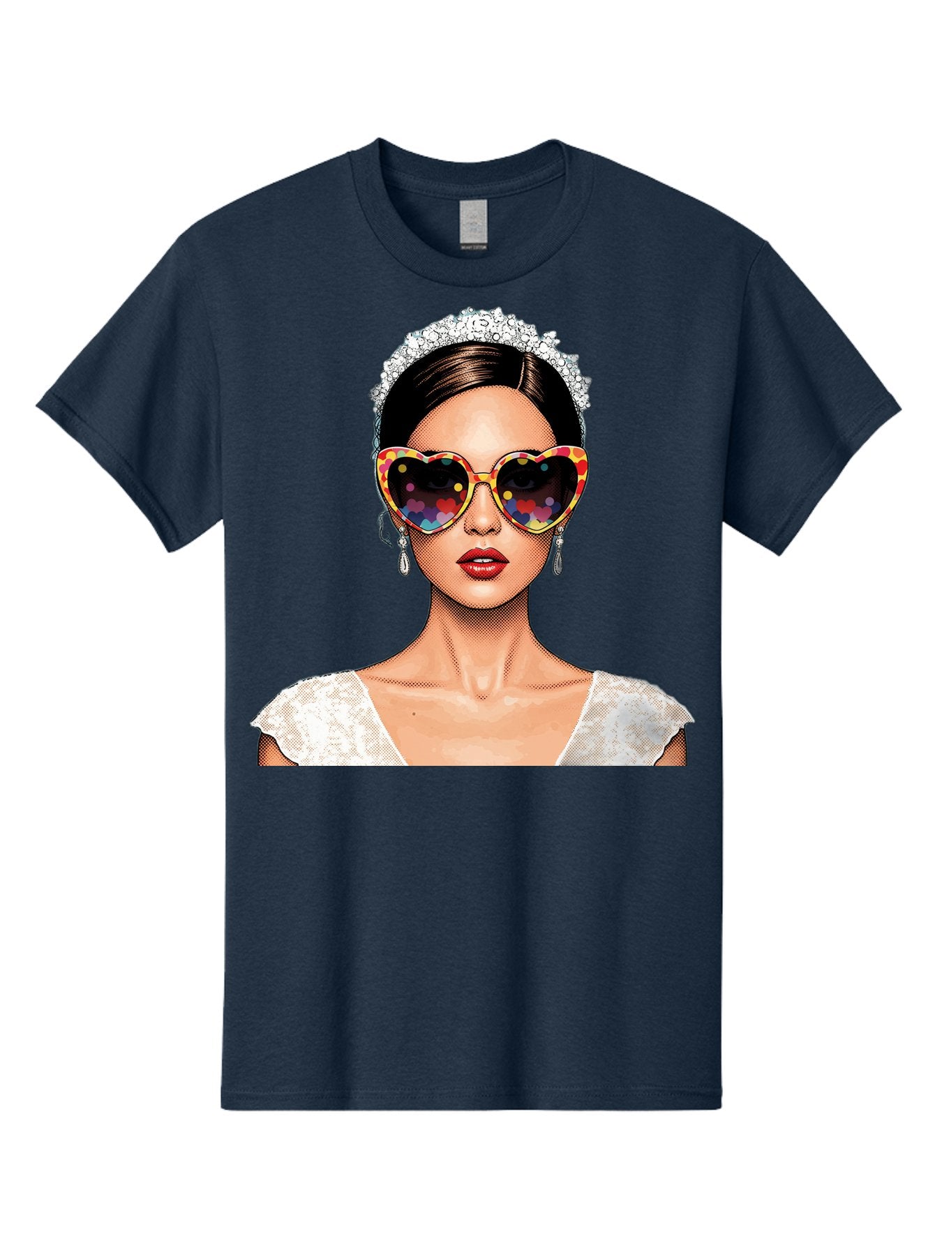 Bride-Sunglasses Men'S Graphic Tee, 100% Cotton, Comfortable Casual Summer Wear, Machine Washable, Bride With Sunglasses, Heart-Shaped Glasses, Rainbow Colors, Wedding Accessories, White Wedding Dress, Red Lips, Earrings, Tiara, Baa227 10