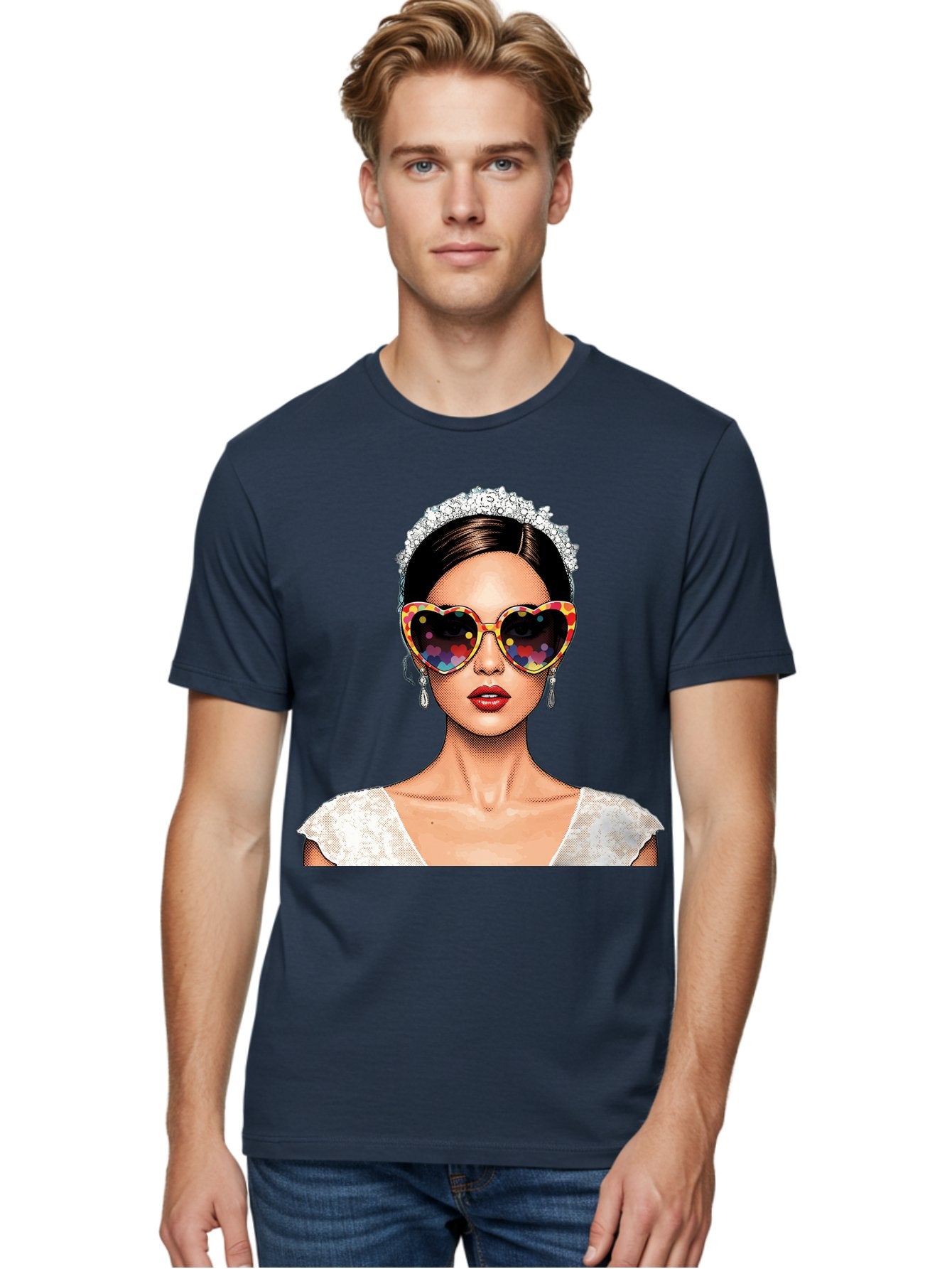 Bride-Sunglasses Men'S Graphic Tee, 100% Cotton, Comfortable Casual Summer Wear, Machine Washable, Bride With Sunglasses, Heart-Shaped Glasses, Rainbow Colors, Wedding Accessories, White Wedding Dress, Red Lips, Earrings, Tiara, Baa227 17