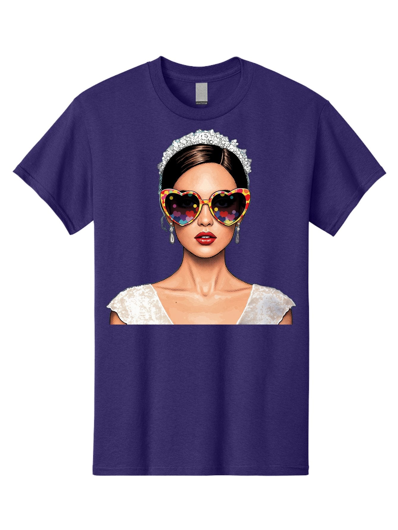 Bride-Sunglasses Men'S Graphic Tee, 100% Cotton, Comfortable Casual Summer Wear, Machine Washable, Bride With Sunglasses, Heart-Shaped Glasses, Rainbow Colors, Wedding Accessories, White Wedding Dress, Red Lips, Earrings, Tiara, Baa227 6
