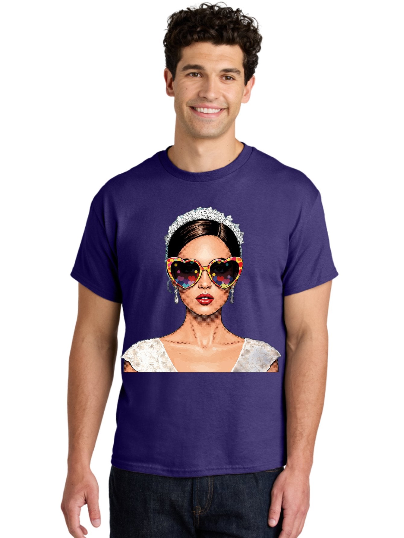 Bride-Sunglasses Men'S Graphic Tee, 100% Cotton, Comfortable Casual Summer Wear, Machine Washable, Bride With Sunglasses, Heart-Shaped Glasses, Rainbow Colors, Wedding Accessories, White Wedding Dress, Red Lips, Earrings, Tiara, Baa227 24