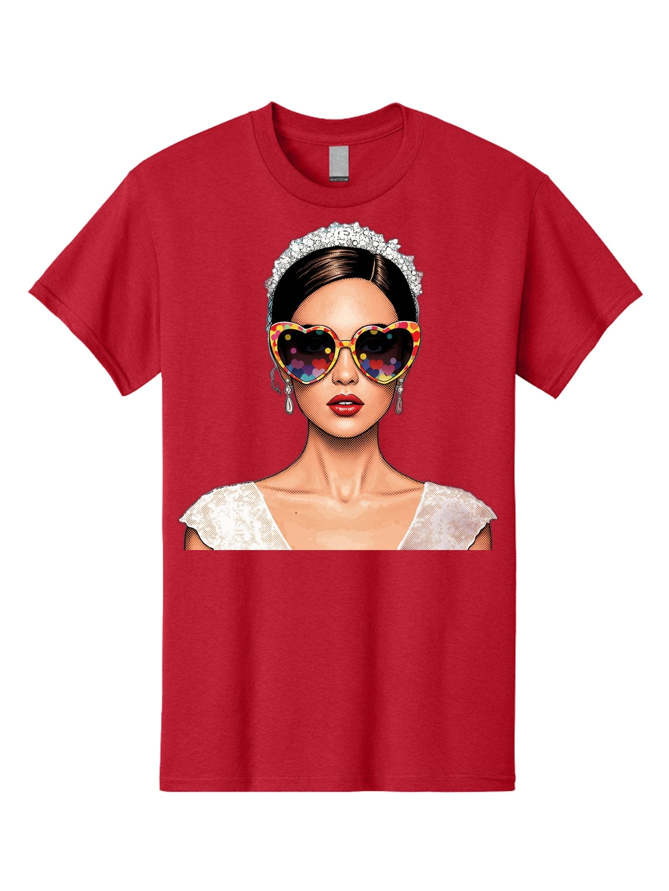 Bride-Sunglasses Men'S Graphic Tee, 100% Cotton, Comfortable Casual Summer Wear, Machine Washable, Bride With Sunglasses, Heart-Shaped Glasses, Rainbow Colors, Wedding Accessories, White Wedding Dress, Red Lips, Earrings, Tiara, Baa227 7