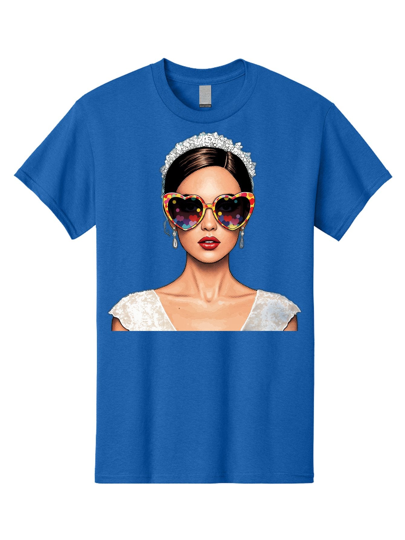 Bride-Sunglasses Men'S Graphic Tee, 100% Cotton, Comfortable Casual Summer Wear, Machine Washable, Bride With Sunglasses, Heart-Shaped Glasses, Rainbow Colors, Wedding Accessories, White Wedding Dress, Red Lips, Earrings, Tiara, Baa227 8