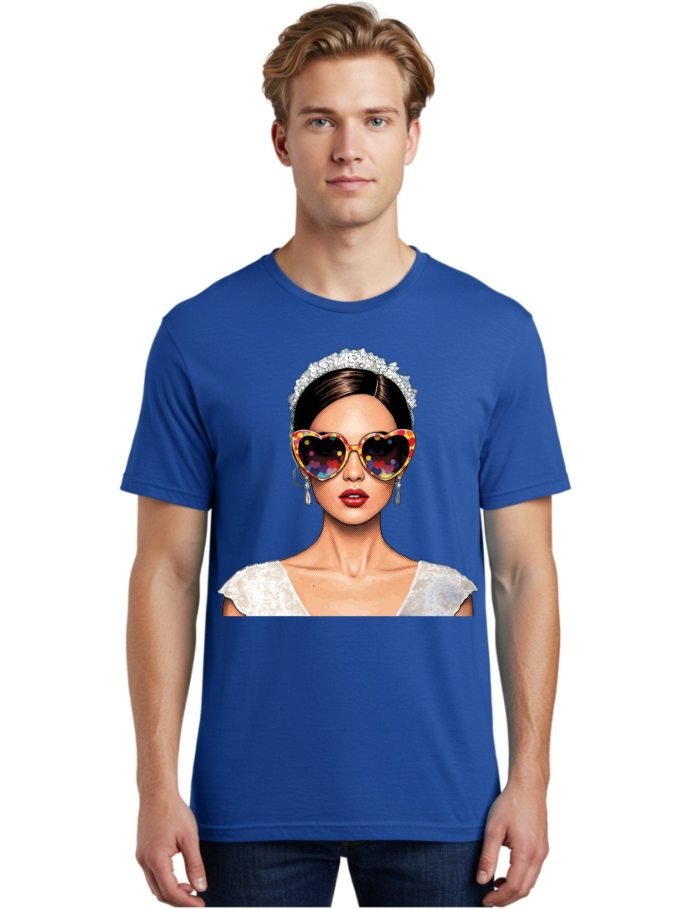 Bride-Sunglasses Men'S Graphic Tee, 100% Cotton, Comfortable Casual Summer Wear, Machine Washable, Bride With Sunglasses, Heart-Shaped Glasses, Rainbow Colors, Wedding Accessories, White Wedding Dress, Red Lips, Earrings, Tiara, Baa227 25