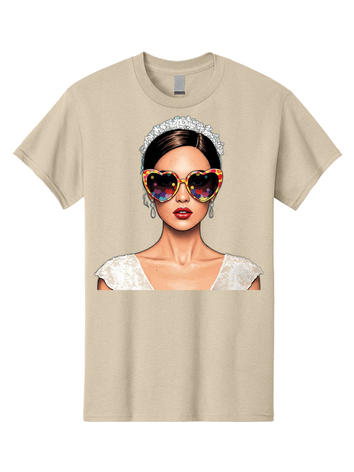 Bride-Sunglasses Men'S Graphic Tee, 100% Cotton, Comfortable Casual Summer Wear, Machine Washable, Bride With Sunglasses, Heart-Shaped Glasses, Rainbow Colors, Wedding Accessories, White Wedding Dress, Red Lips, Earrings, Tiara, Baa227 3