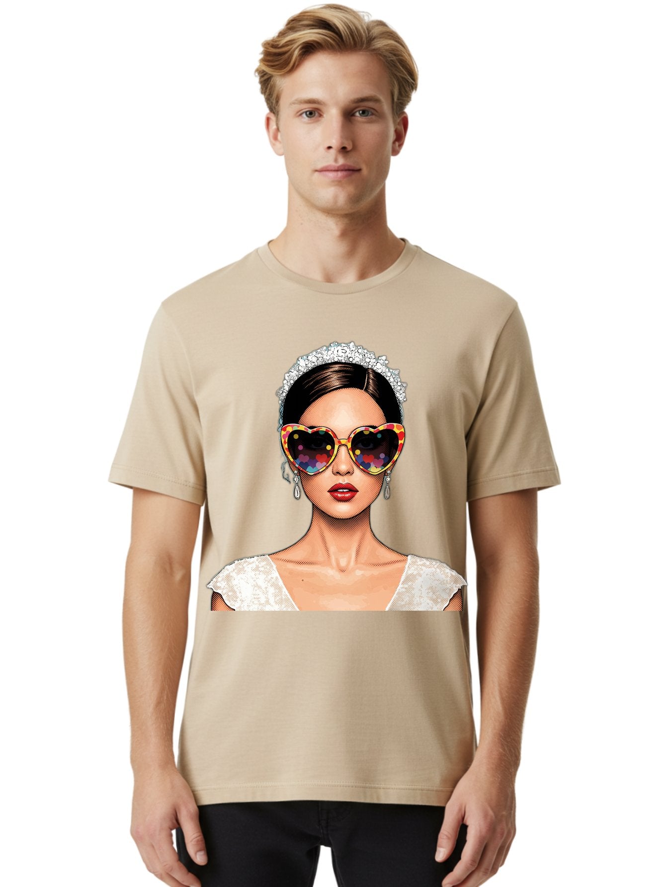 Bride-Sunglasses Men'S Graphic Tee, 100% Cotton, Comfortable Casual Summer Wear, Machine Washable, Bride With Sunglasses, Heart-Shaped Glasses, Rainbow Colors, Wedding Accessories, White Wedding Dress, Red Lips, Earrings, Tiara, Baa227 22