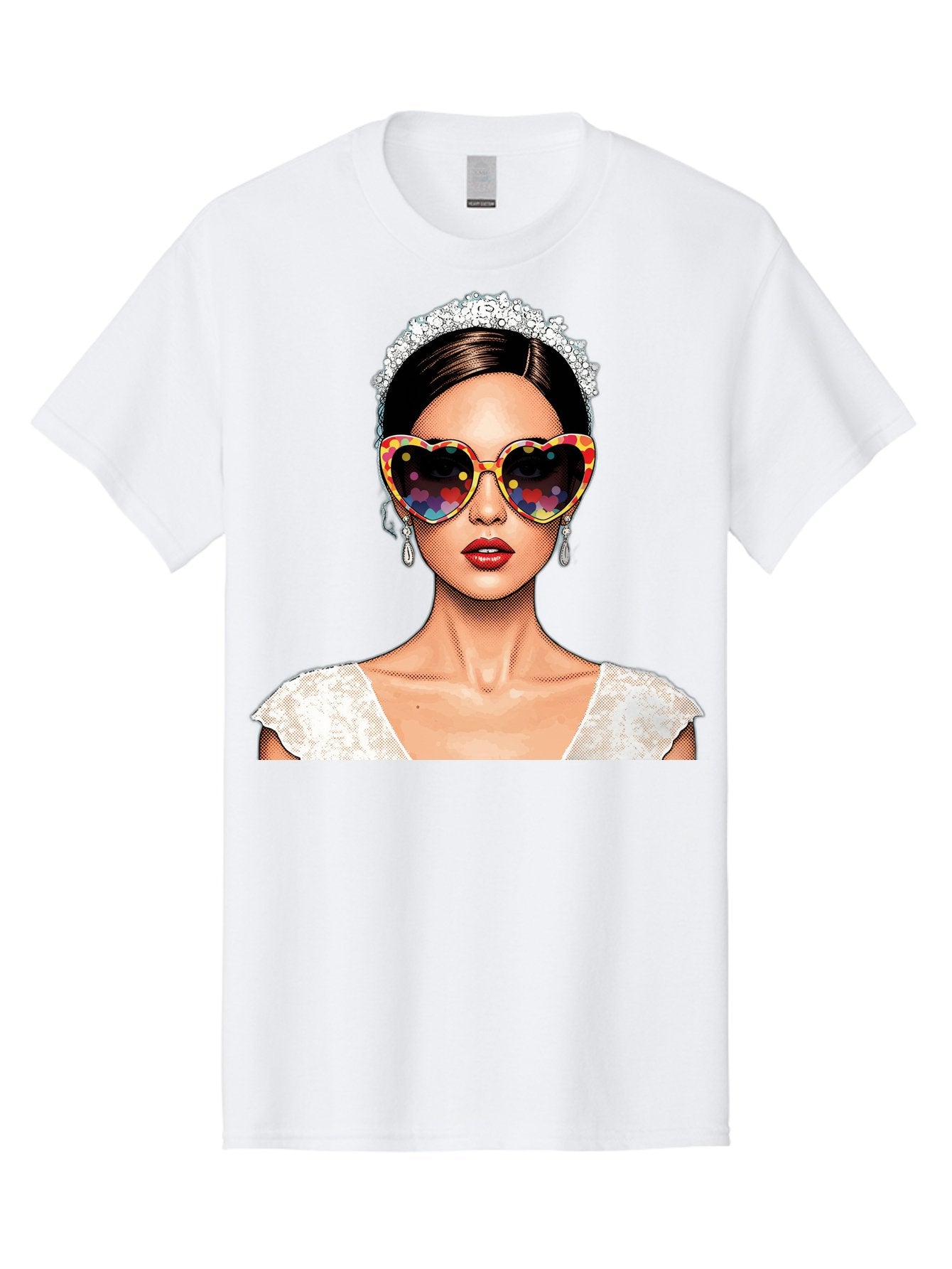 Bride-Sunglasses Men'S Graphic Tee, 100% Cotton, Comfortable Casual Summer Wear, Machine Washable, Bride With Sunglasses, Heart-Shaped Glasses, Rainbow Colors, Wedding Accessories, White Wedding Dress, Red Lips, Earrings, Tiara, Baa227 13