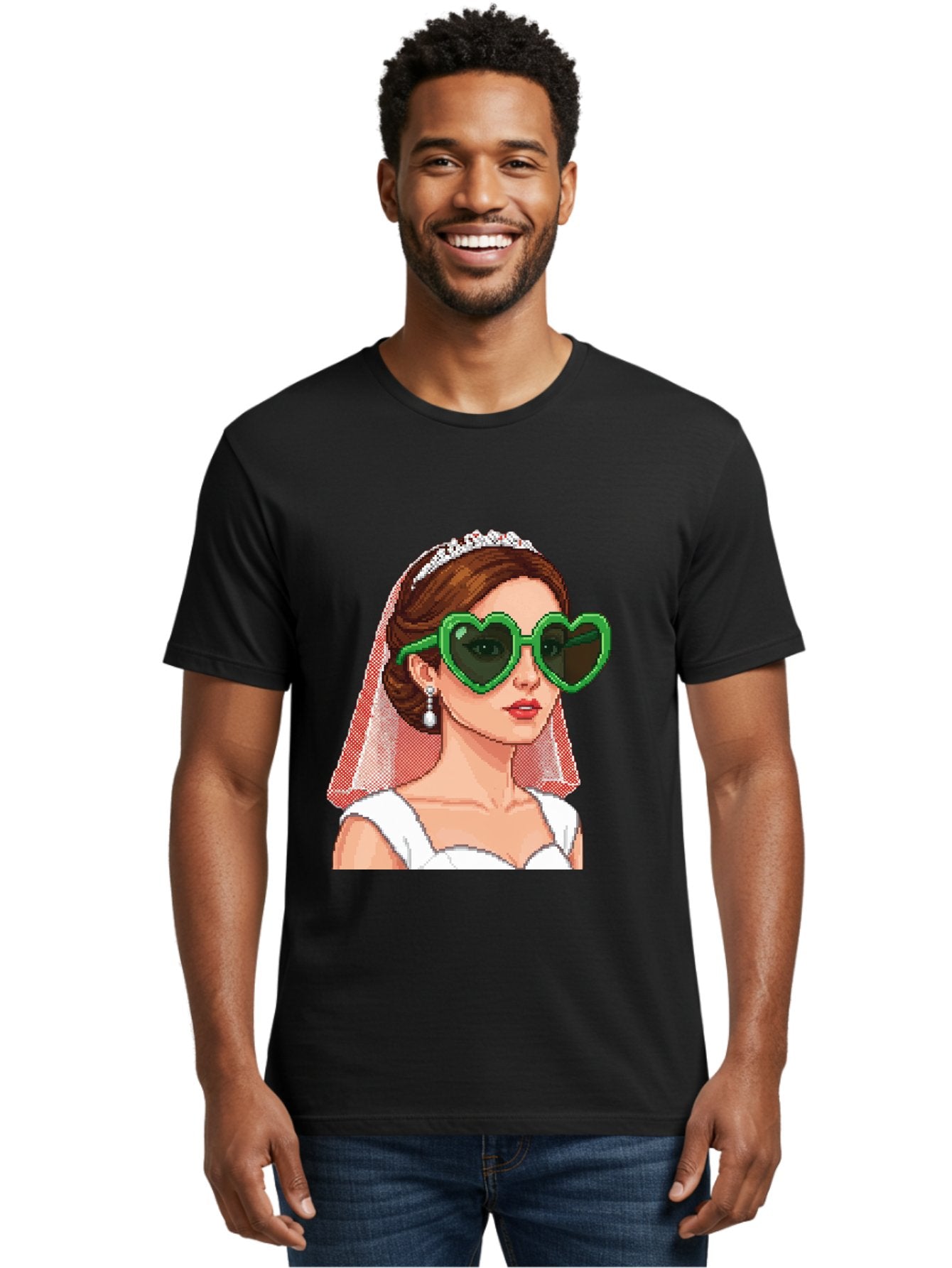 Bride-With-Heart-Shaped-Sunglasses-1 Men'S Graphic Tee, 100% Cotton, Comfortable Casual Summer Wear, Machine Washable, Bride Wearing Heart-Shaped Sunglasses, Trendy Wedding Attire, Stylish Accessories, Veil And Tiara, Modern Fashion, Baa228 22