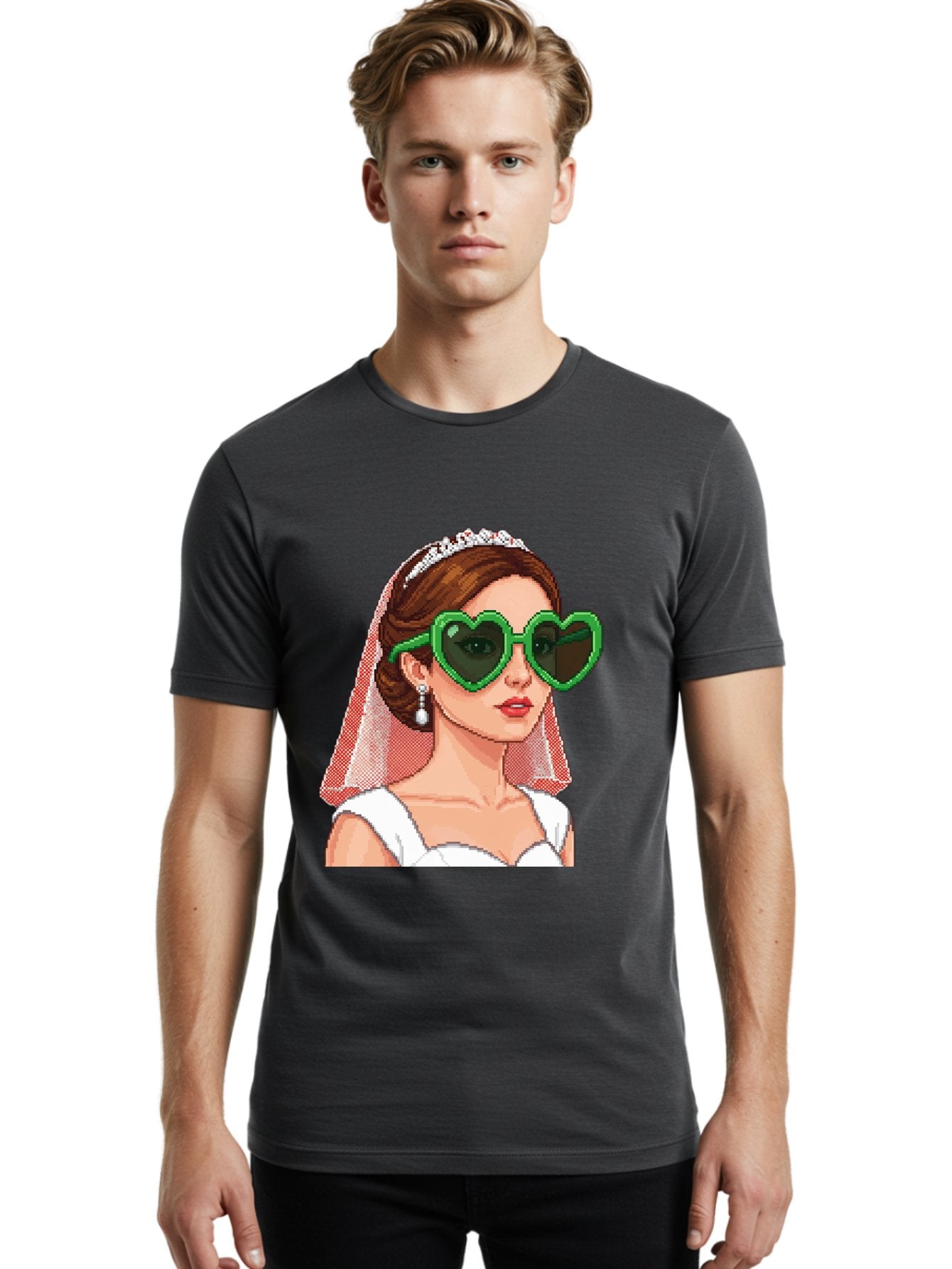 Bride-With-Heart-Shaped-Sunglasses-1 Men'S Graphic Tee, 100% Cotton, Comfortable Casual Summer Wear, Machine Washable, Bride Wearing Heart-Shaped Sunglasses, Trendy Wedding Attire, Stylish Accessories, Veil And Tiara, Modern Fashion, Baa228 20