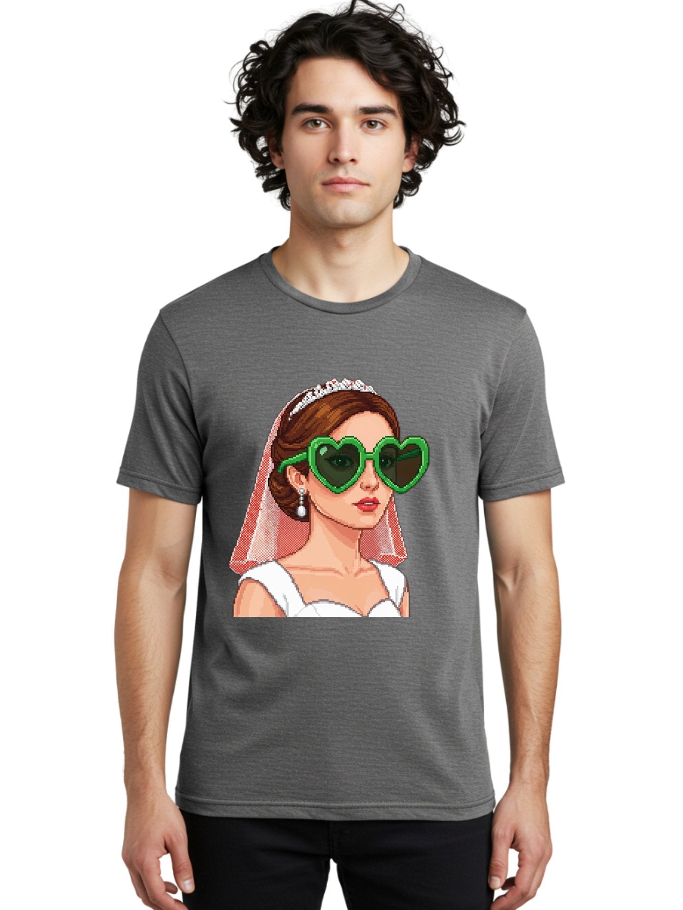 Bride-With-Heart-Shaped-Sunglasses-1 Men'S Graphic Tee, 100% Cotton, Comfortable Casual Summer Wear, Machine Washable, Bride Wearing Heart-Shaped Sunglasses, Trendy Wedding Attire, Stylish Accessories, Veil And Tiara, Modern Fashion, Baa228 23
