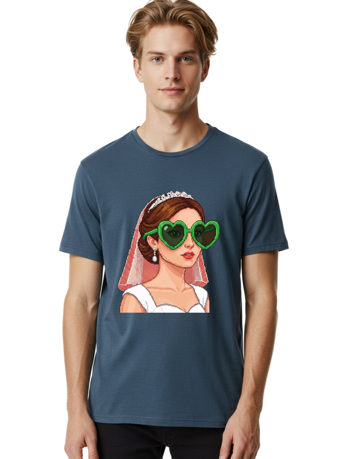 Bride-With-Heart-Shaped-Sunglasses-1 Men'S Graphic Tee, 100% Cotton, Comfortable Casual Summer Wear, Machine Washable, Bride Wearing Heart-Shaped Sunglasses, Trendy Wedding Attire, Stylish Accessories, Veil And Tiara, Modern Fashion, Baa228 25