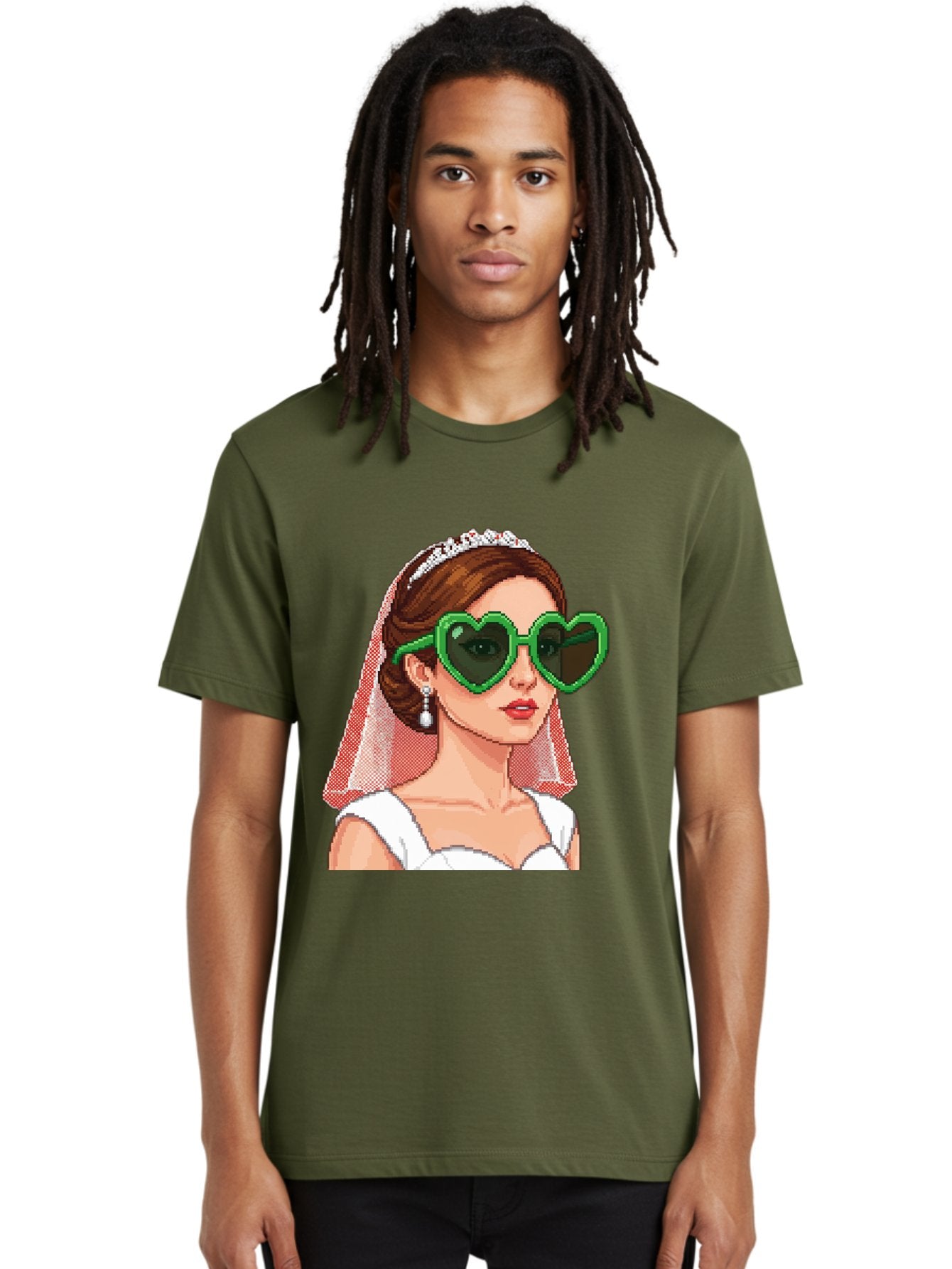 Bride-With-Heart-Shaped-Sunglasses-1 Men'S Graphic Tee, 100% Cotton, Comfortable Casual Summer Wear, Machine Washable, Bride Wearing Heart-Shaped Sunglasses, Trendy Wedding Attire, Stylish Accessories, Veil And Tiara, Modern Fashion, Baa228 28