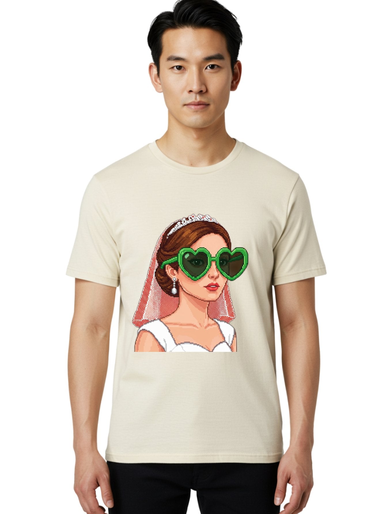 Bride-With-Heart-Shaped-Sunglasses-1 Men'S Graphic Tee, 100% Cotton, Comfortable Casual Summer Wear, Machine Washable, Bride Wearing Heart-Shaped Sunglasses, Trendy Wedding Attire, Stylish Accessories, Veil And Tiara, Modern Fashion, Baa228 17
