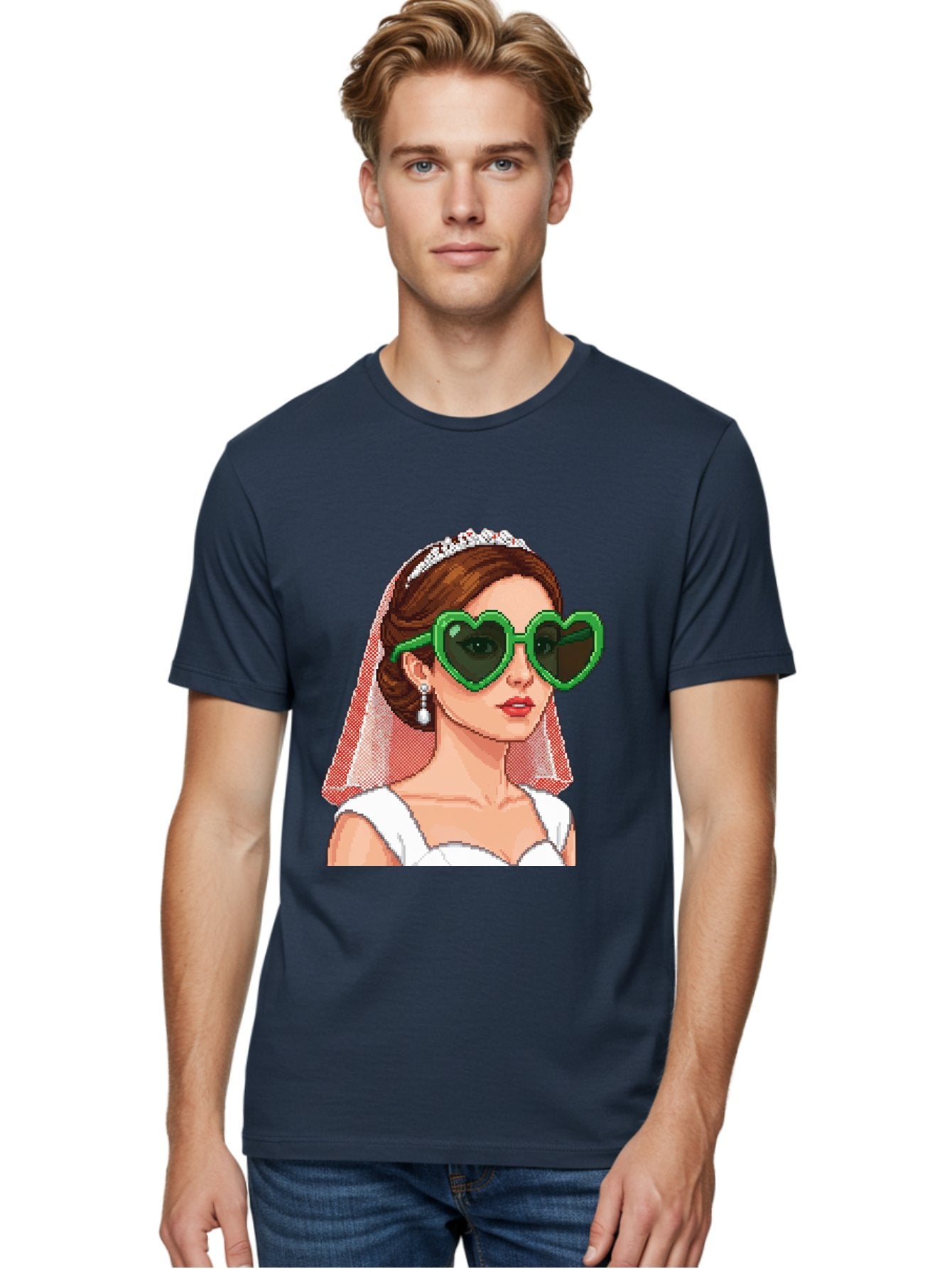 Bride-With-Heart-Shaped-Sunglasses-1 Men'S Graphic Tee, 100% Cotton, Comfortable Casual Summer Wear, Machine Washable, Bride Wearing Heart-Shaped Sunglasses, Trendy Wedding Attire, Stylish Accessories, Veil And Tiara, Modern Fashion, Baa228 27