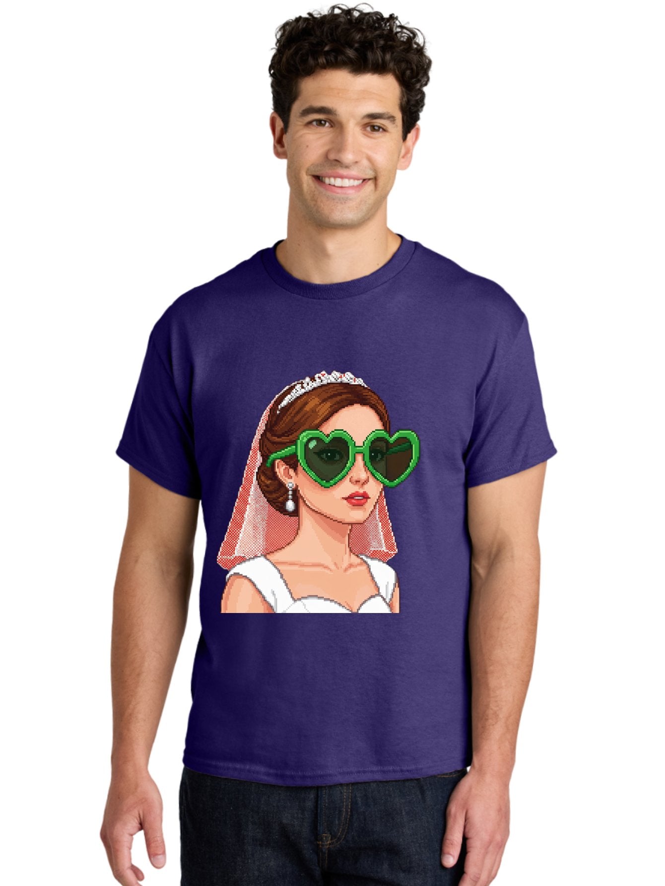 Bride-With-Heart-Shaped-Sunglasses-1 Men'S Graphic Tee, 100% Cotton, Comfortable Casual Summer Wear, Machine Washable, Bride Wearing Heart-Shaped Sunglasses, Trendy Wedding Attire, Stylish Accessories, Veil And Tiara, Modern Fashion, Baa228 26