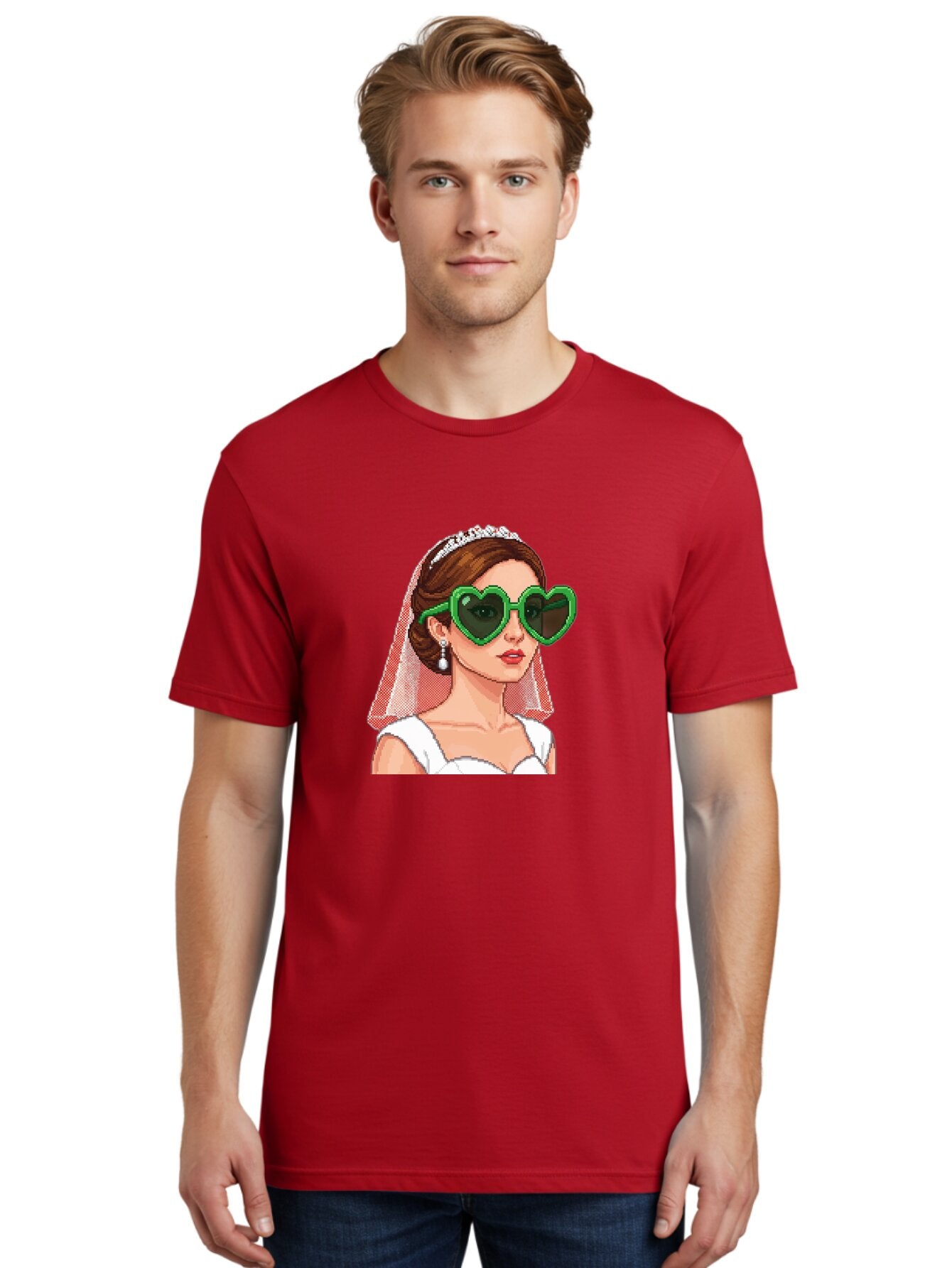 Bride-With-Heart-Shaped-Sunglasses-1 Men'S Graphic Tee, 100% Cotton, Comfortable Casual Summer Wear, Machine Washable, Bride Wearing Heart-Shaped Sunglasses, Trendy Wedding Attire, Stylish Accessories, Veil And Tiara, Modern Fashion, Baa228 29