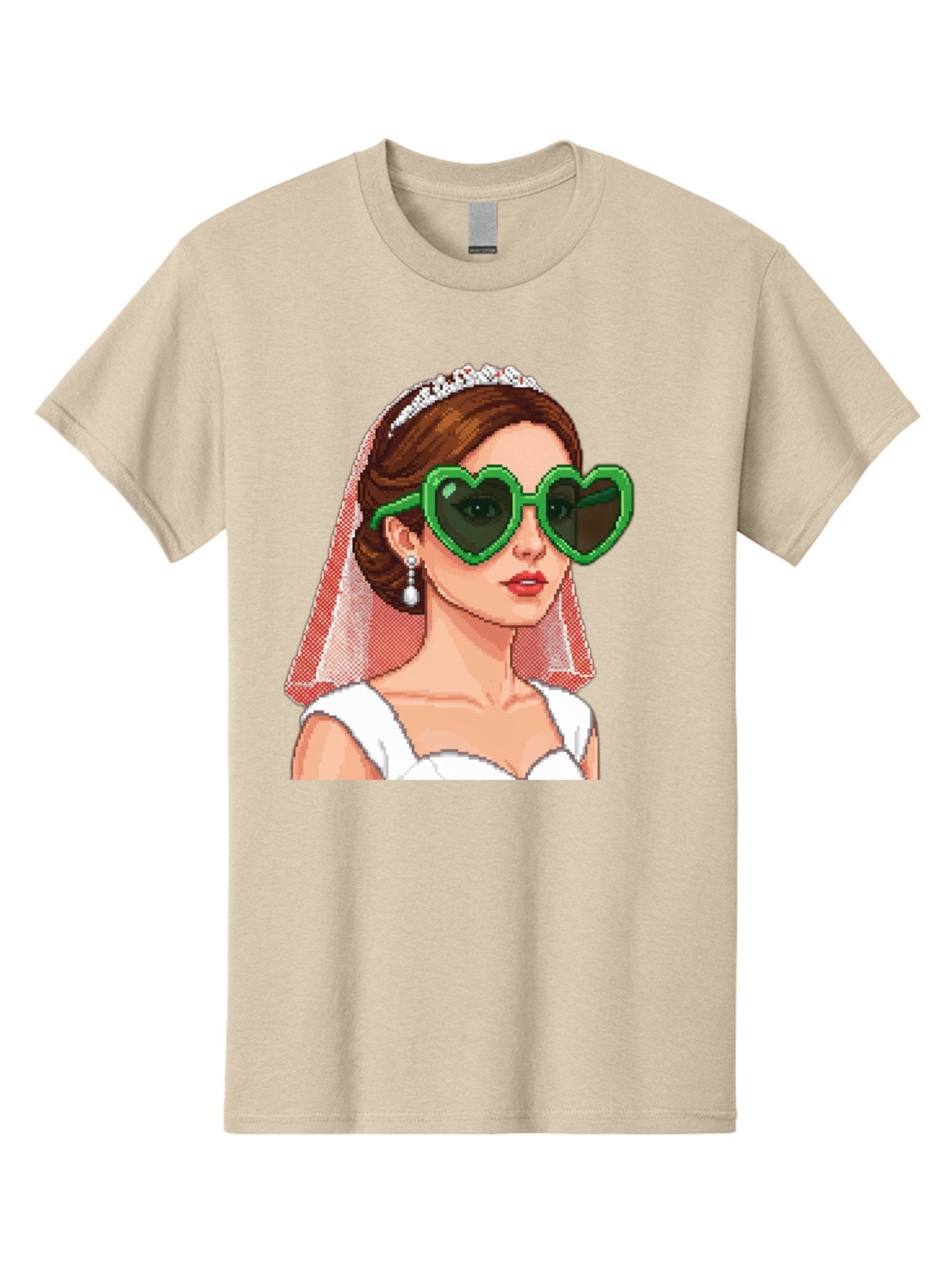 Bride-With-Heart-Shaped-Sunglasses-1 Men'S Graphic Tee, 100% Cotton, Comfortable Casual Summer Wear, Machine Washable, Bride Wearing Heart-Shaped Sunglasses, Trendy Wedding Attire, Stylish Accessories, Veil And Tiara, Modern Fashion, Baa228