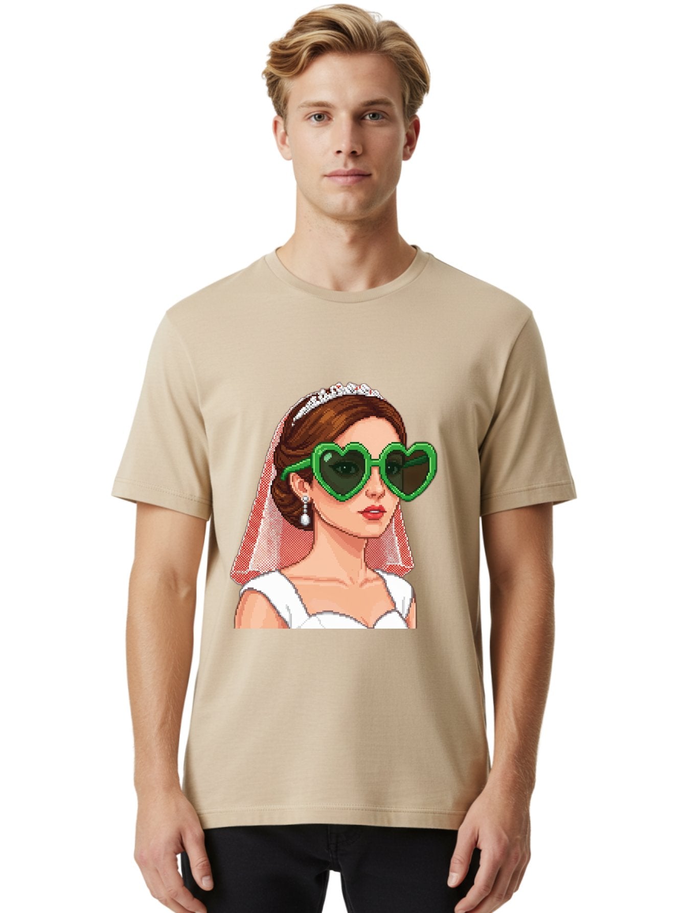 Bride-With-Heart-Shaped-Sunglasses-1 Men'S Graphic Tee, 100% Cotton, Comfortable Casual Summer Wear, Machine Washable, Bride Wearing Heart-Shaped Sunglasses, Trendy Wedding Attire, Stylish Accessories, Veil And Tiara, Modern Fashion, Baa228 21