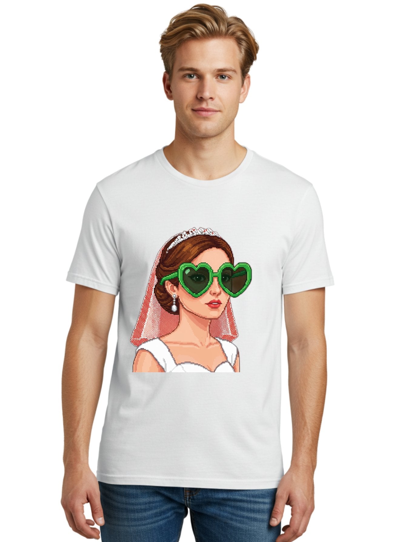 Bride-With-Heart-Shaped-Sunglasses-1 Men'S Graphic Tee, 100% Cotton, Comfortable Casual Summer Wear, Machine Washable, Bride Wearing Heart-Shaped Sunglasses, Trendy Wedding Attire, Stylish Accessories, Veil And Tiara, Modern Fashion, Baa228 24