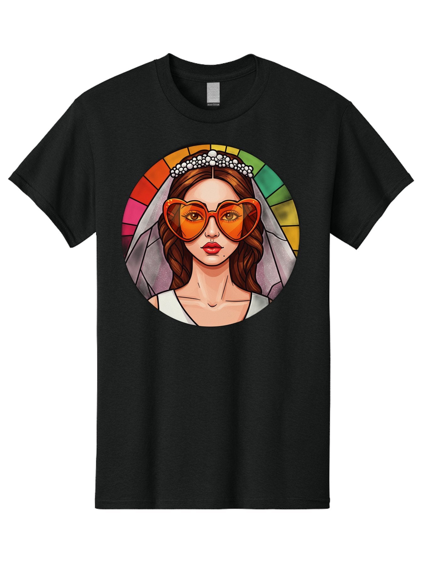 Bride-With-Heart-Shaped-Sunglasses-2 Men'S Graphic Tee, 100% Cotton, Comfortable Casual Summer Wear, Machine Washable, Cartoon Bride, Heart-Shaped Sunglasses, White Veil, Stained Glass Effect, Red Lips, Orange Shades, Wedding Attire, Baa229