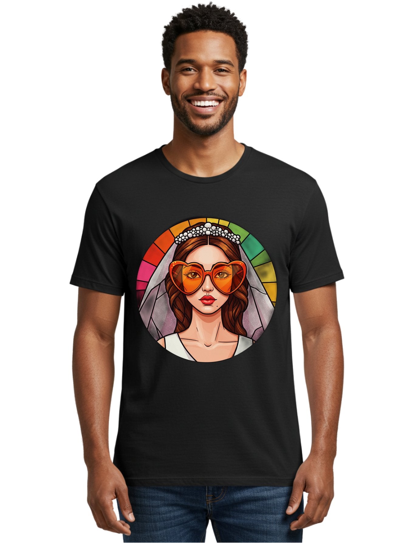 Bride-With-Heart-Shaped-Sunglasses-2 Men'S Graphic Tee, 100% Cotton, Comfortable Casual Summer Wear, Machine Washable, Cartoon Bride, Heart-Shaped Sunglasses, White Veil, Stained Glass Effect, Red Lips, Orange Shades, Wedding Attire, Baa229 21