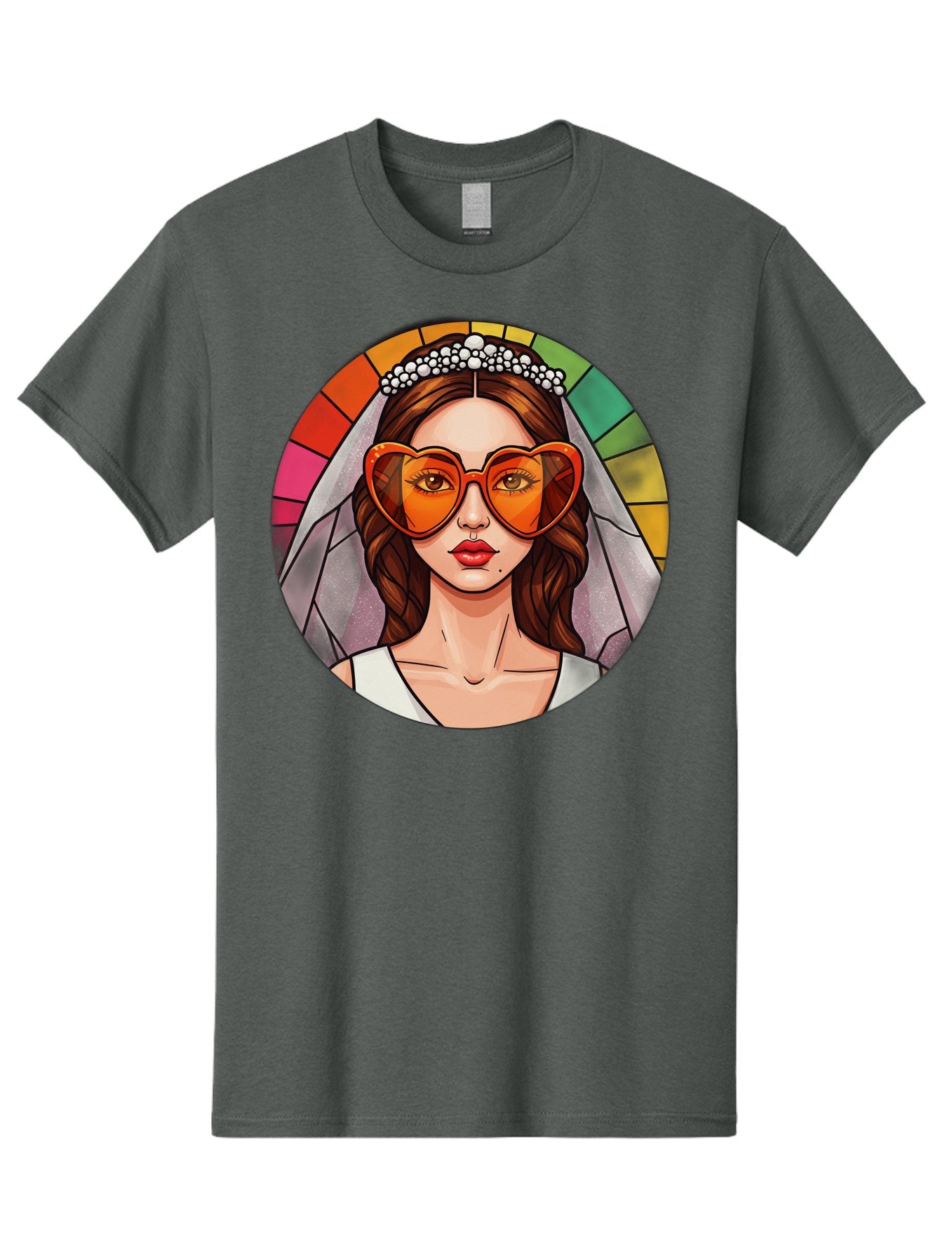 Bride-With-Heart-Shaped-Sunglasses-2 Men'S Graphic Tee, 100% Cotton, Comfortable Casual Summer Wear, Machine Washable, Cartoon Bride, Heart-Shaped Sunglasses, White Veil, Stained Glass Effect, Red Lips, Orange Shades, Wedding Attire, Baa229 9