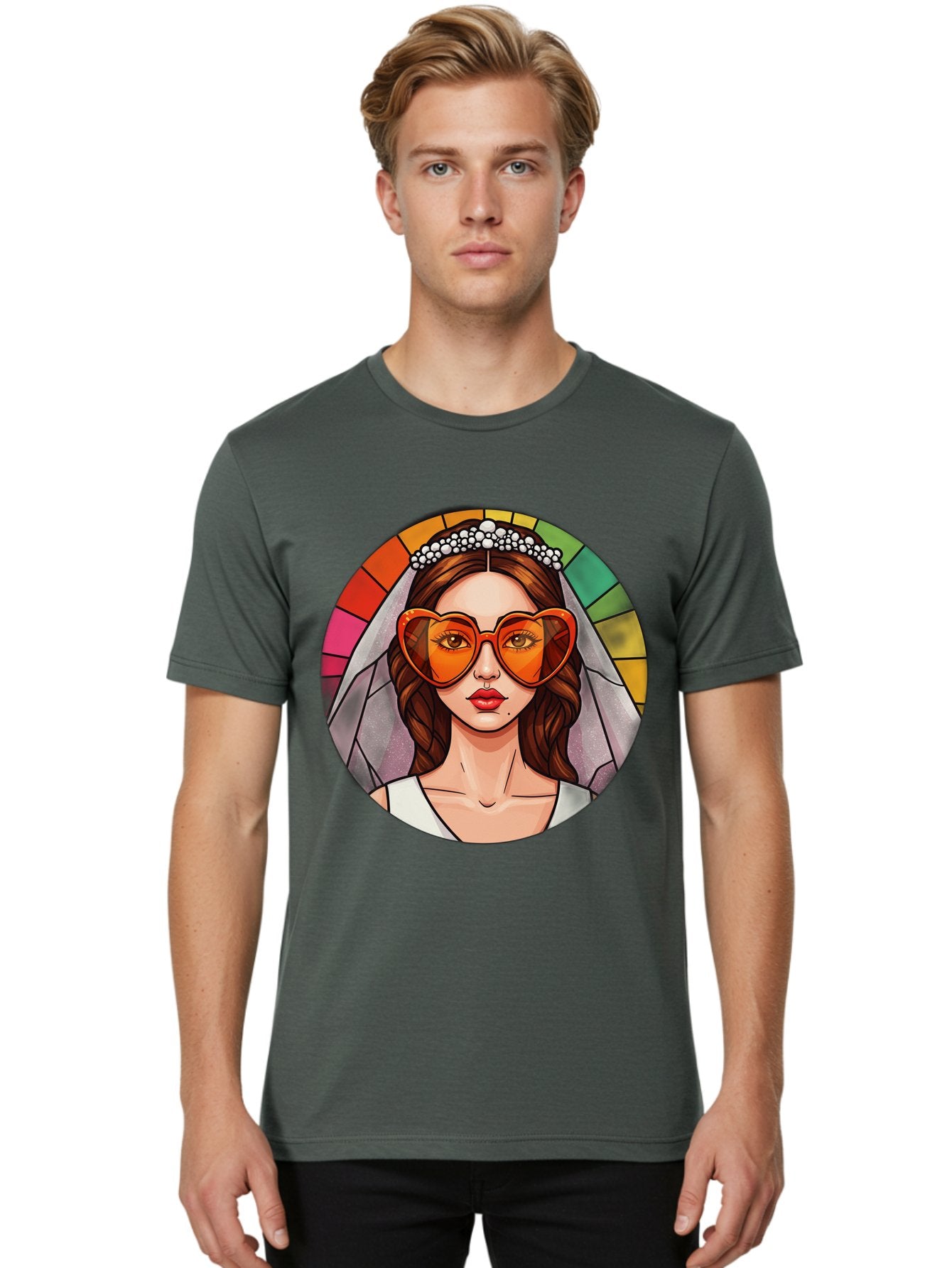 Bride-With-Heart-Shaped-Sunglasses-2 Men'S Graphic Tee, 100% Cotton, Comfortable Casual Summer Wear, Machine Washable, Cartoon Bride, Heart-Shaped Sunglasses, White Veil, Stained Glass Effect, Red Lips, Orange Shades, Wedding Attire, Baa229 26