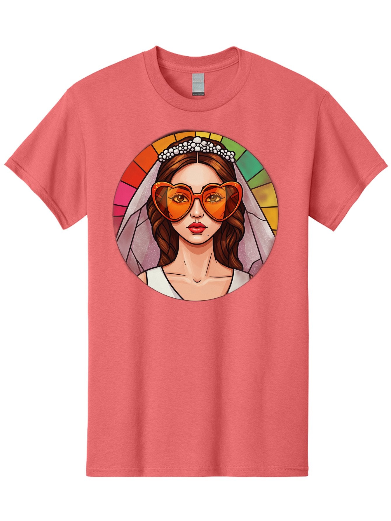 Bride-With-Heart-Shaped-Sunglasses-2 Men'S Graphic Tee, 100% Cotton, Comfortable Casual Summer Wear, Machine Washable, Cartoon Bride, Heart-Shaped Sunglasses, White Veil, Stained Glass Effect, Red Lips, Orange Shades, Wedding Attire, Baa229 11