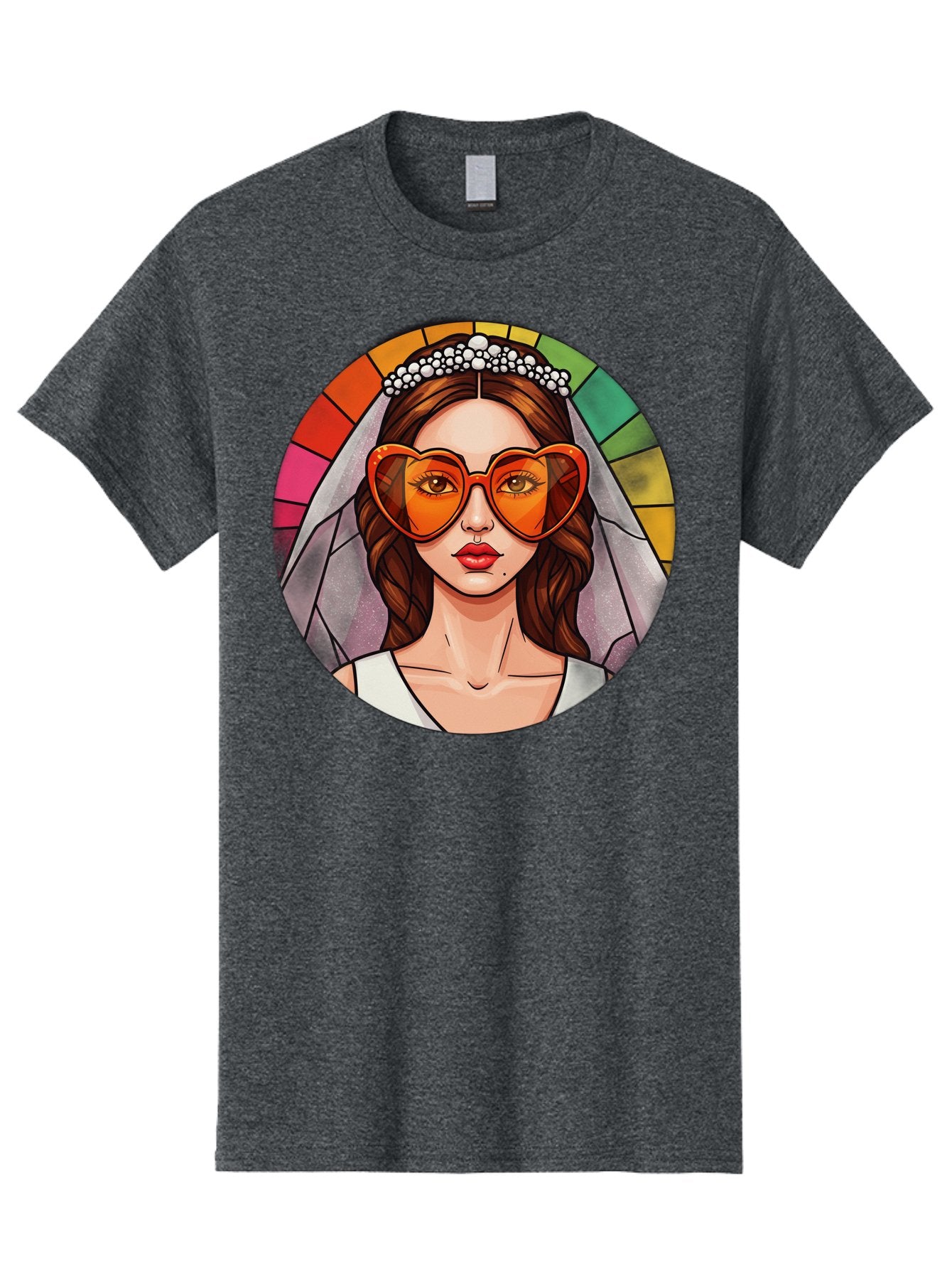 Bride-With-Heart-Shaped-Sunglasses-2 Men'S Graphic Tee, 100% Cotton, Comfortable Casual Summer Wear, Machine Washable, Cartoon Bride, Heart-Shaped Sunglasses, White Veil, Stained Glass Effect, Red Lips, Orange Shades, Wedding Attire, Baa229 13