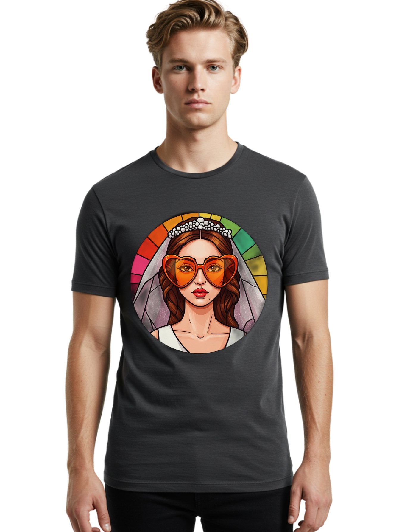 Bride-With-Heart-Shaped-Sunglasses-2 Men'S Graphic Tee, 100% Cotton, Comfortable Casual Summer Wear, Machine Washable, Cartoon Bride, Heart-Shaped Sunglasses, White Veil, Stained Glass Effect, Red Lips, Orange Shades, Wedding Attire, Baa229 20