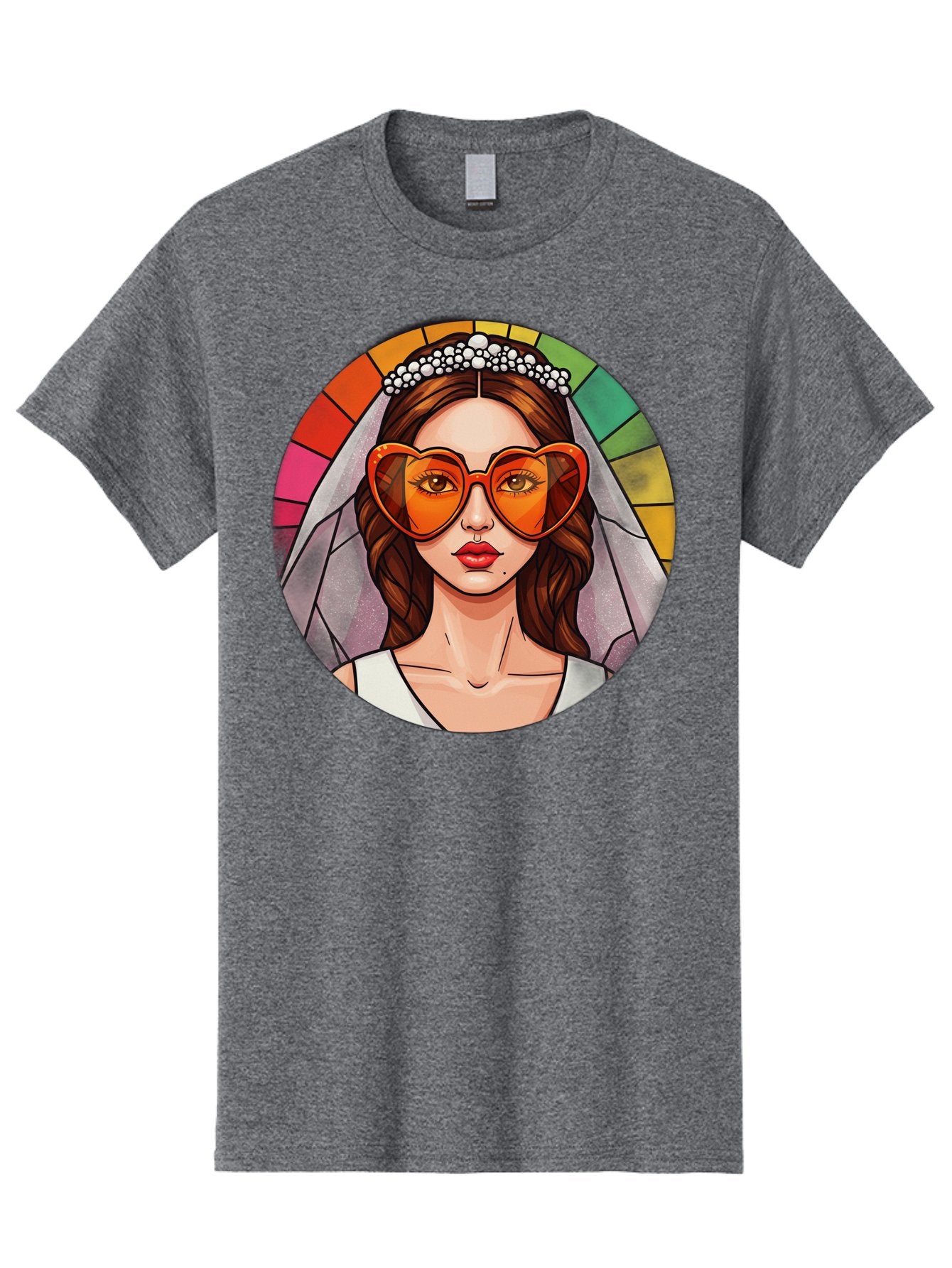 Bride-With-Heart-Shaped-Sunglasses-2 Men'S Graphic Tee, 100% Cotton, Comfortable Casual Summer Wear, Machine Washable, Cartoon Bride, Heart-Shaped Sunglasses, White Veil, Stained Glass Effect, Red Lips, Orange Shades, Wedding Attire, Baa229 14