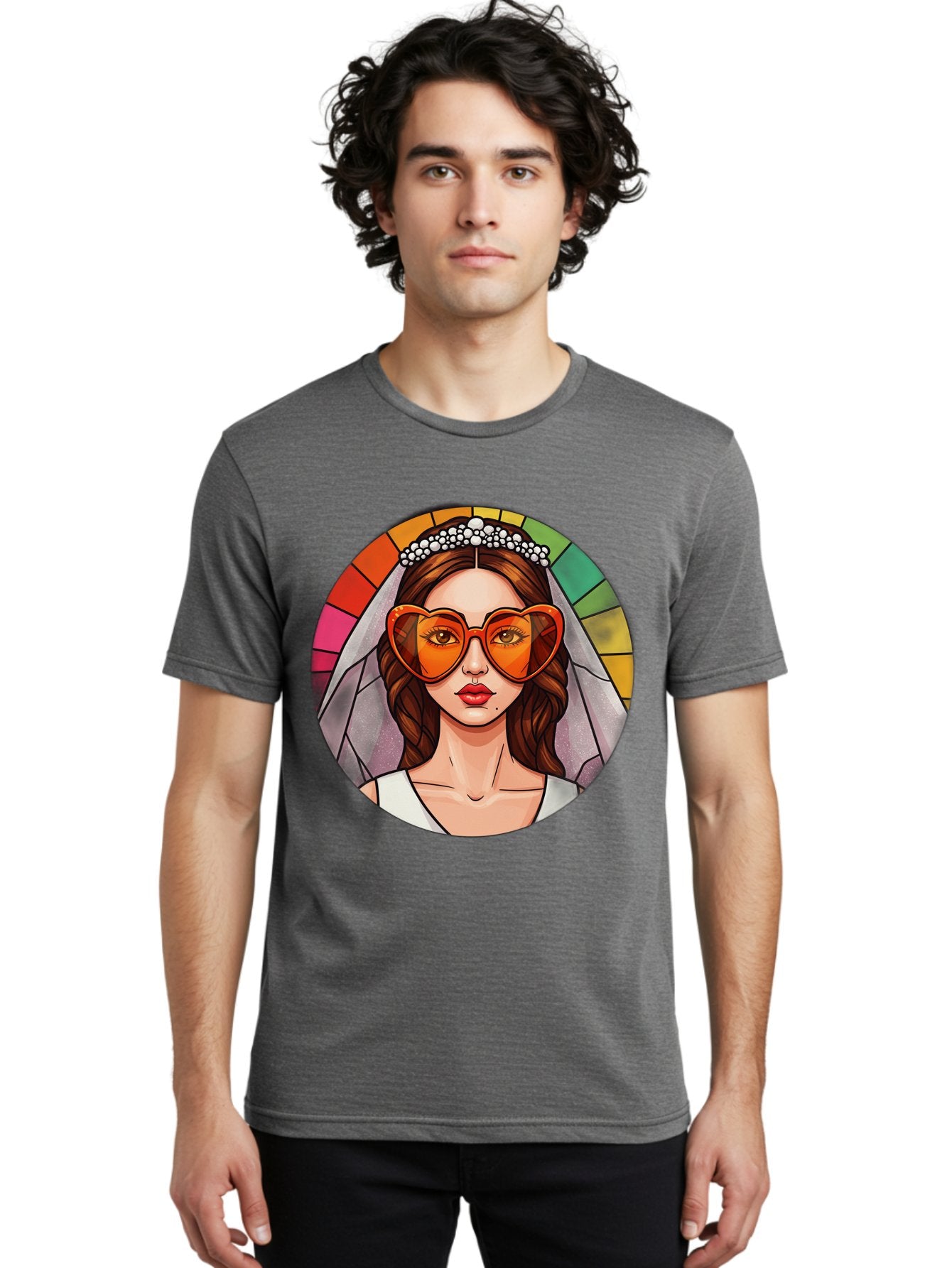 Bride-With-Heart-Shaped-Sunglasses-2 Men'S Graphic Tee, 100% Cotton, Comfortable Casual Summer Wear, Machine Washable, Cartoon Bride, Heart-Shaped Sunglasses, White Veil, Stained Glass Effect, Red Lips, Orange Shades, Wedding Attire, Baa229 29