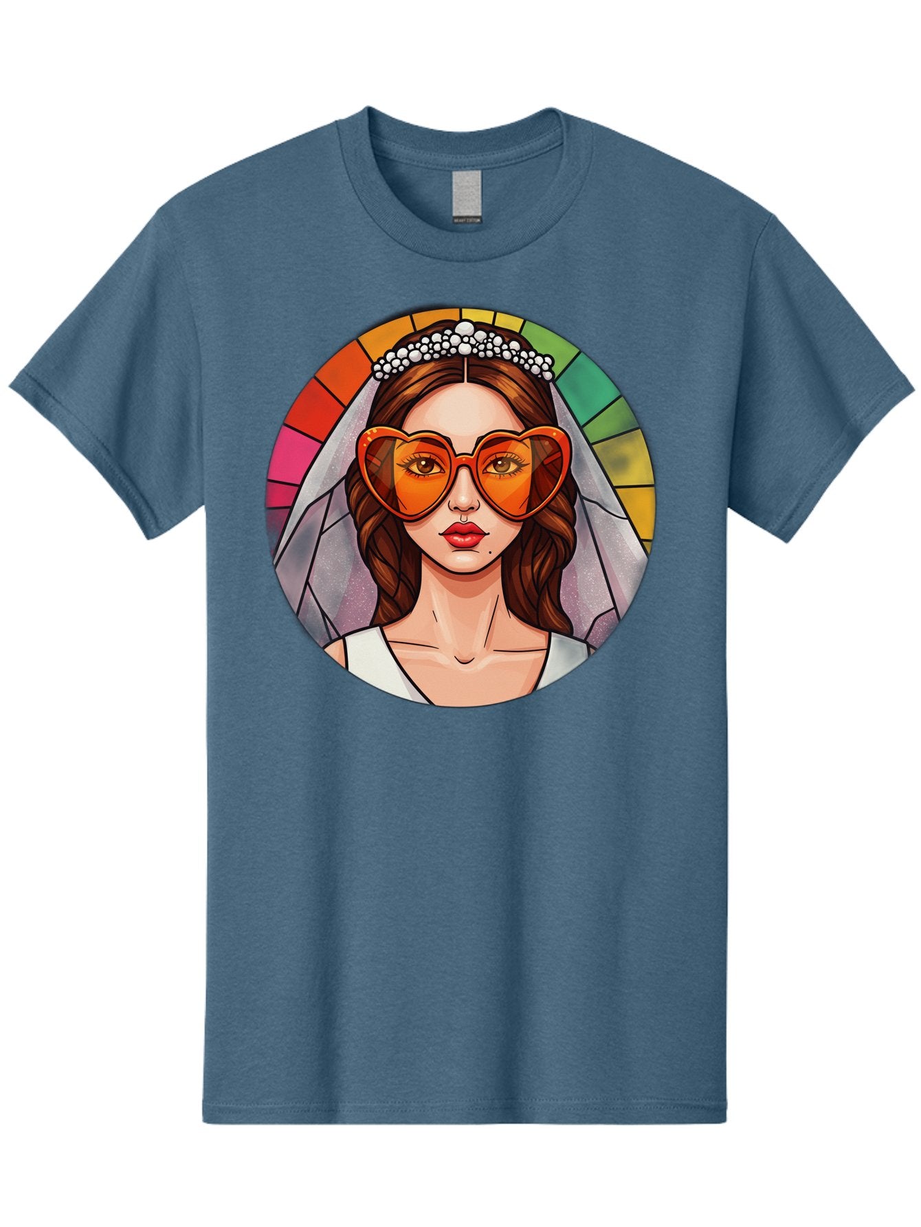 Bride-With-Heart-Shaped-Sunglasses-2 Men'S Graphic Tee, 100% Cotton, Comfortable Casual Summer Wear, Machine Washable, Cartoon Bride, Heart-Shaped Sunglasses, White Veil, Stained Glass Effect, Red Lips, Orange Shades, Wedding Attire, Baa229 6