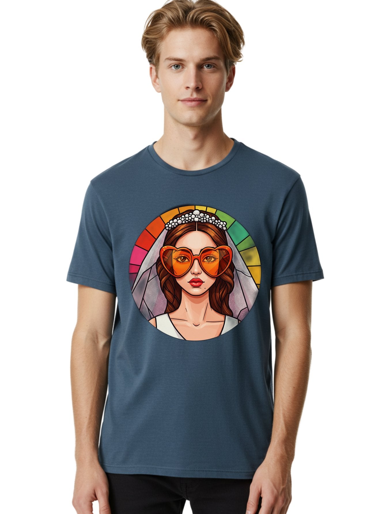 Bride-With-Heart-Shaped-Sunglasses-2 Men'S Graphic Tee, 100% Cotton, Comfortable Casual Summer Wear, Machine Washable, Cartoon Bride, Heart-Shaped Sunglasses, White Veil, Stained Glass Effect, Red Lips, Orange Shades, Wedding Attire, Baa229 24