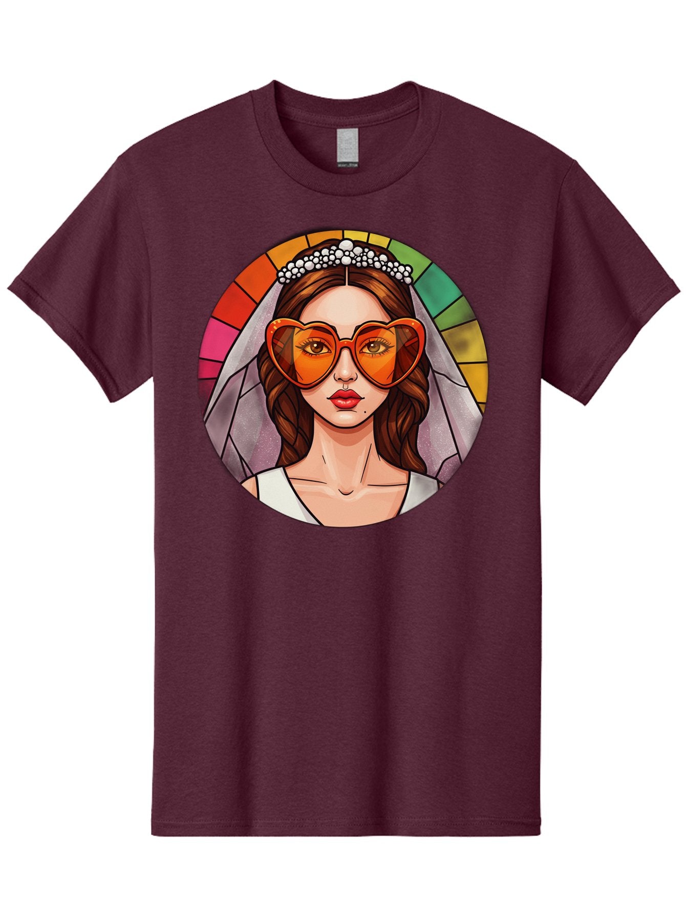 Bride-With-Heart-Shaped-Sunglasses-2 Men'S Graphic Tee, 100% Cotton, Comfortable Casual Summer Wear, Machine Washable, Cartoon Bride, Heart-Shaped Sunglasses, White Veil, Stained Glass Effect, Red Lips, Orange Shades, Wedding Attire, Baa229 12