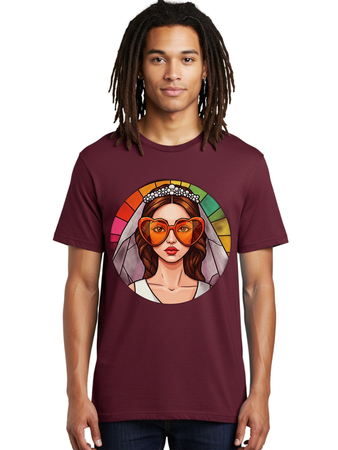 Bride-With-Heart-Shaped-Sunglasses-2 Men'S Graphic Tee, 100% Cotton, Comfortable Casual Summer Wear, Machine Washable, Cartoon Bride, Heart-Shaped Sunglasses, White Veil, Stained Glass Effect, Red Lips, Orange Shades, Wedding Attire, Baa229 28